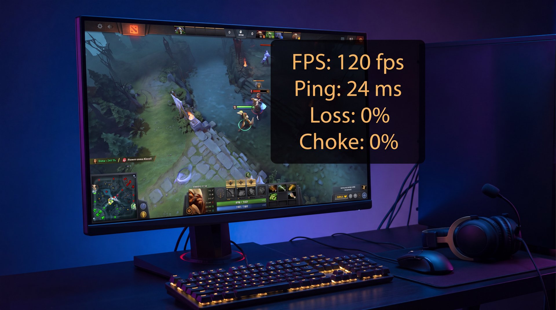 Dota 2 net_graph overlay showing FPS, ping, packet loss and network performance statistics during gameplay