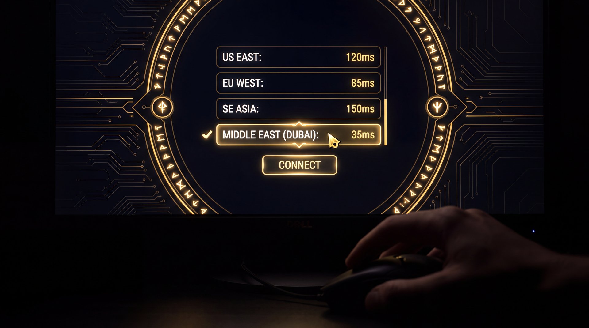 Dota 2 server selection screen showing Dubai region for Iranian stack team gold accent dark background
