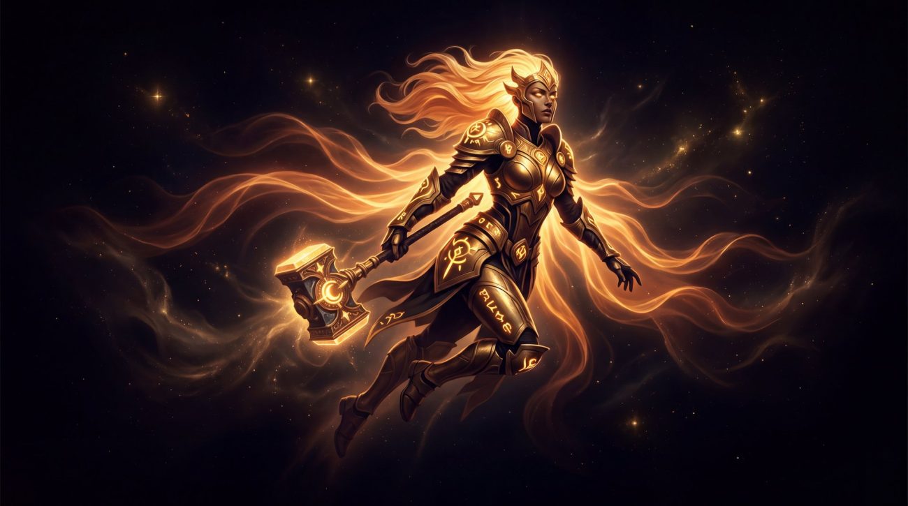Dawnbreaker hero flying with golden celestial hammer solar guardian energy