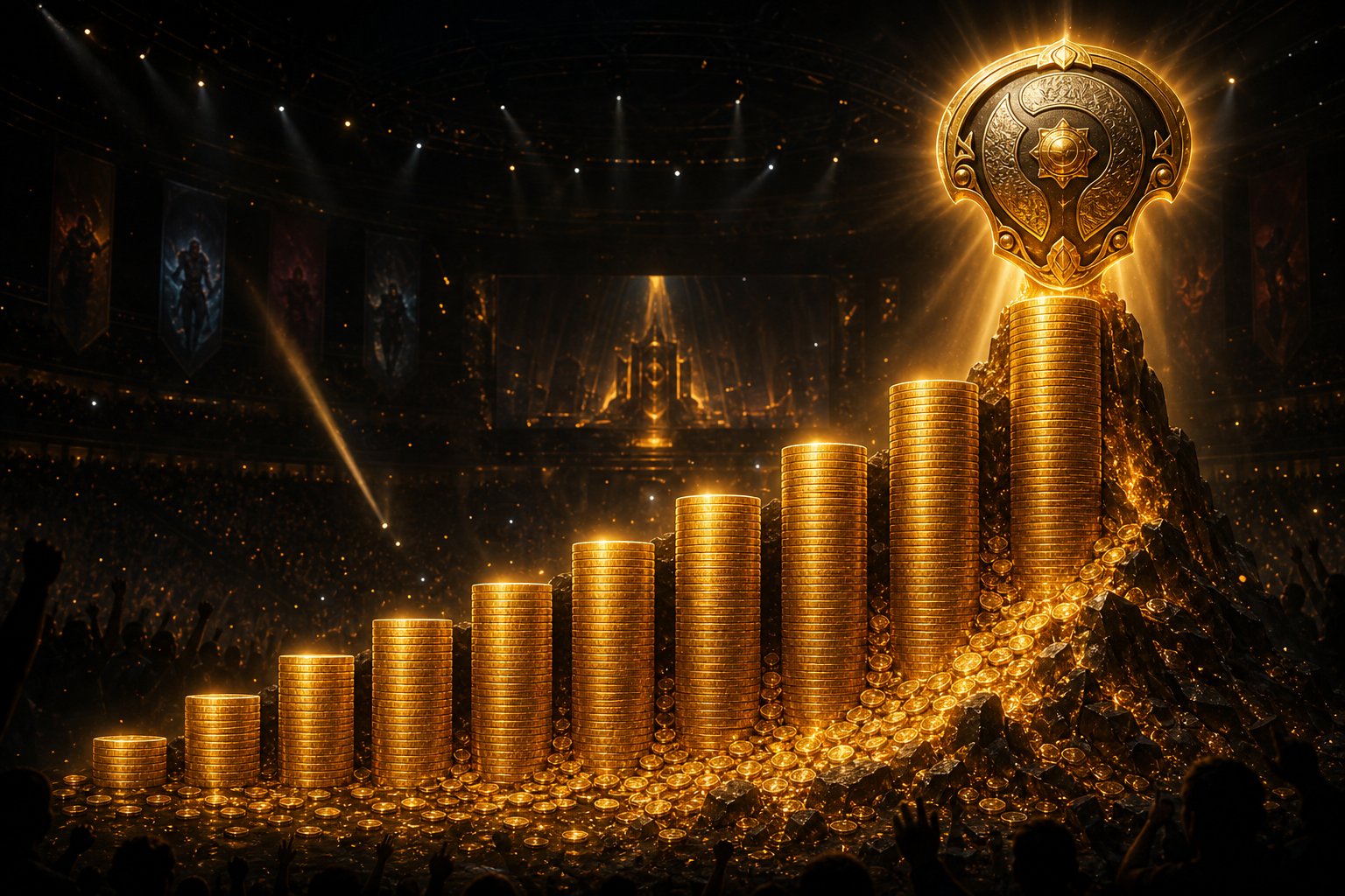 The International prize pool history all TI events gold and black gaming cinematic chart visual
