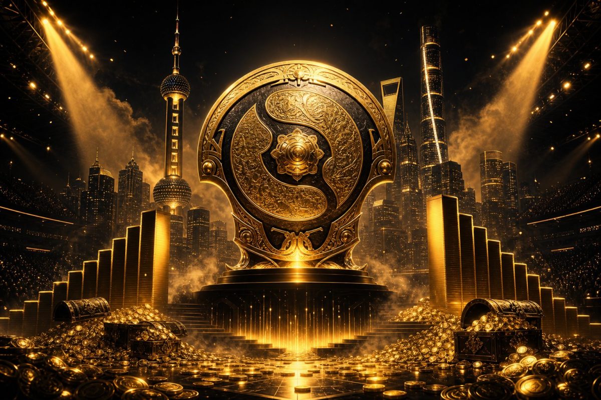 Dota 2 TI 2026 Shanghai prize pool featured - Aegis of Champions trophy with gold coins