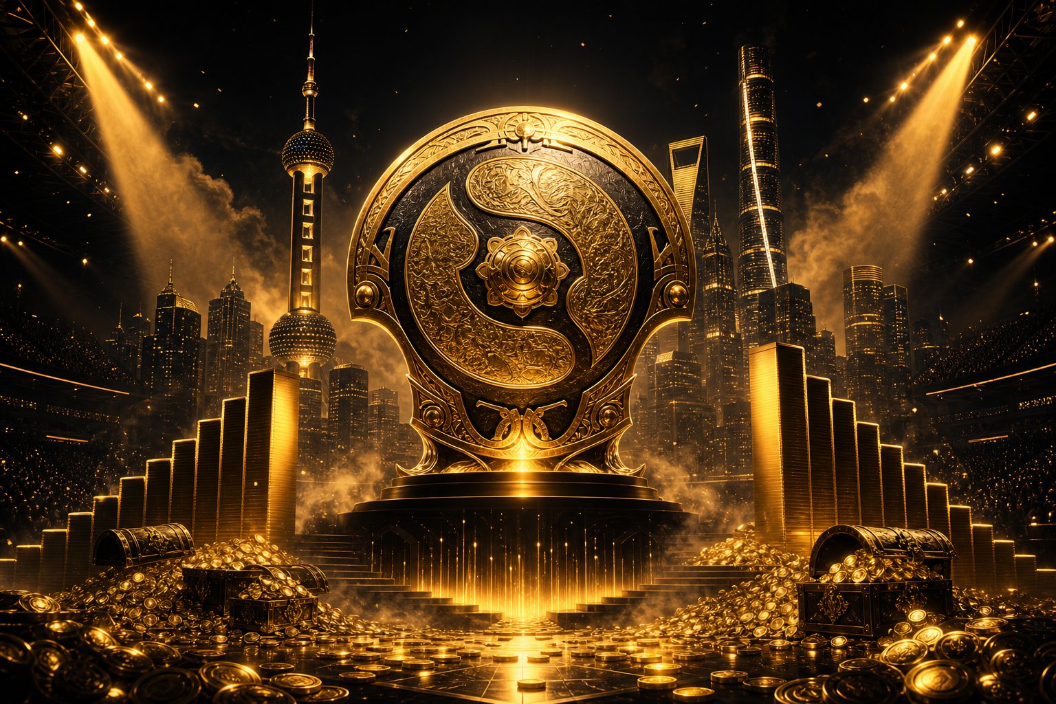 ESL One Birmingham 2026 main stage Dota 2 dark cinematic gold lighting arena