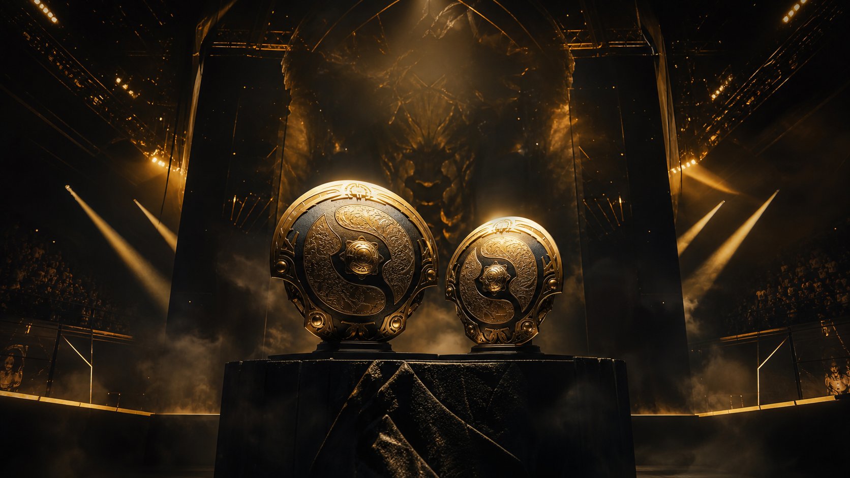 Dota 2 ranked badge rank up celebration golden medal glow dark cinematic atmosphere