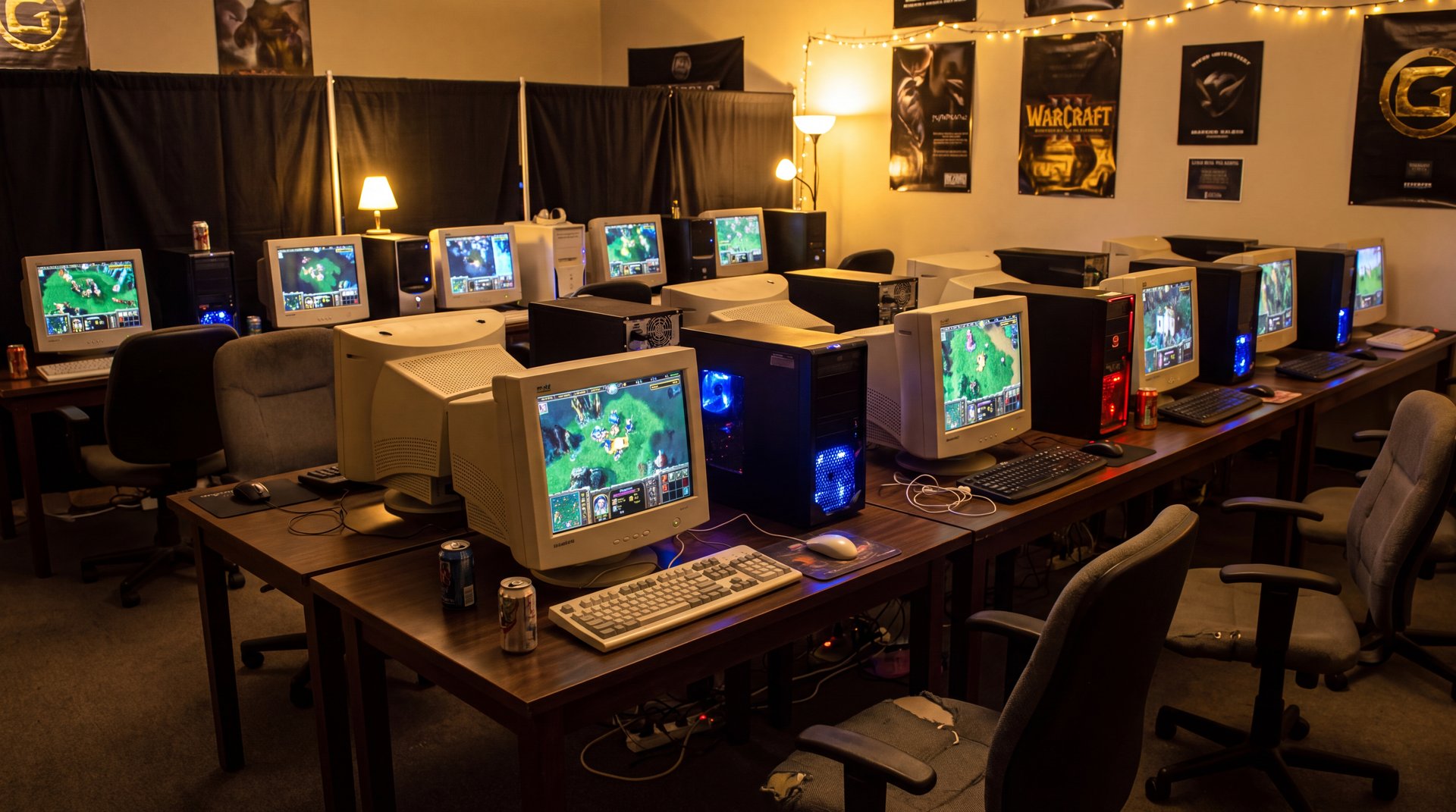 Historical LAN gaming cafe scene with players at computers playing Dota, cinematic gaming atmosphere