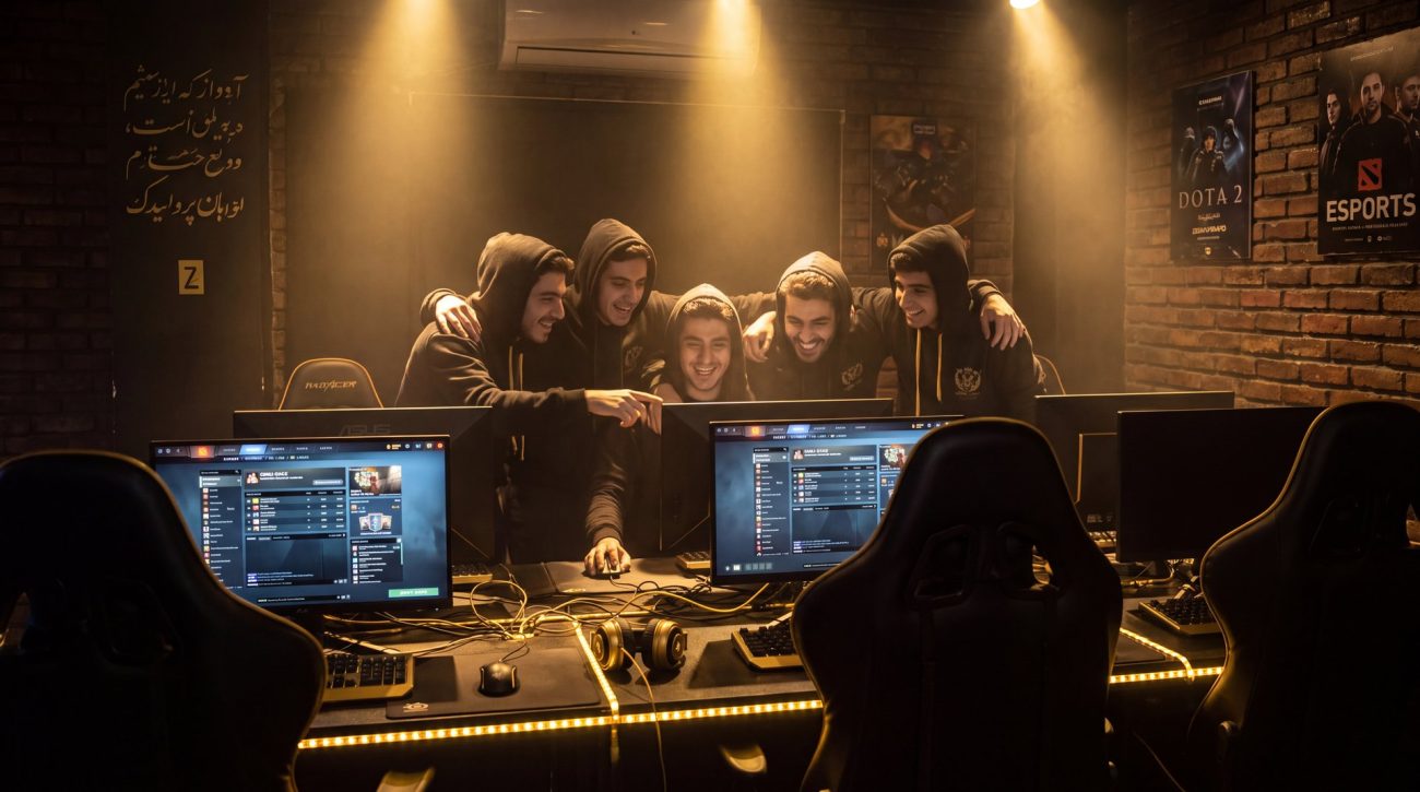 Iranian gaming cafe LAN party with five players at computers playing Dota 2