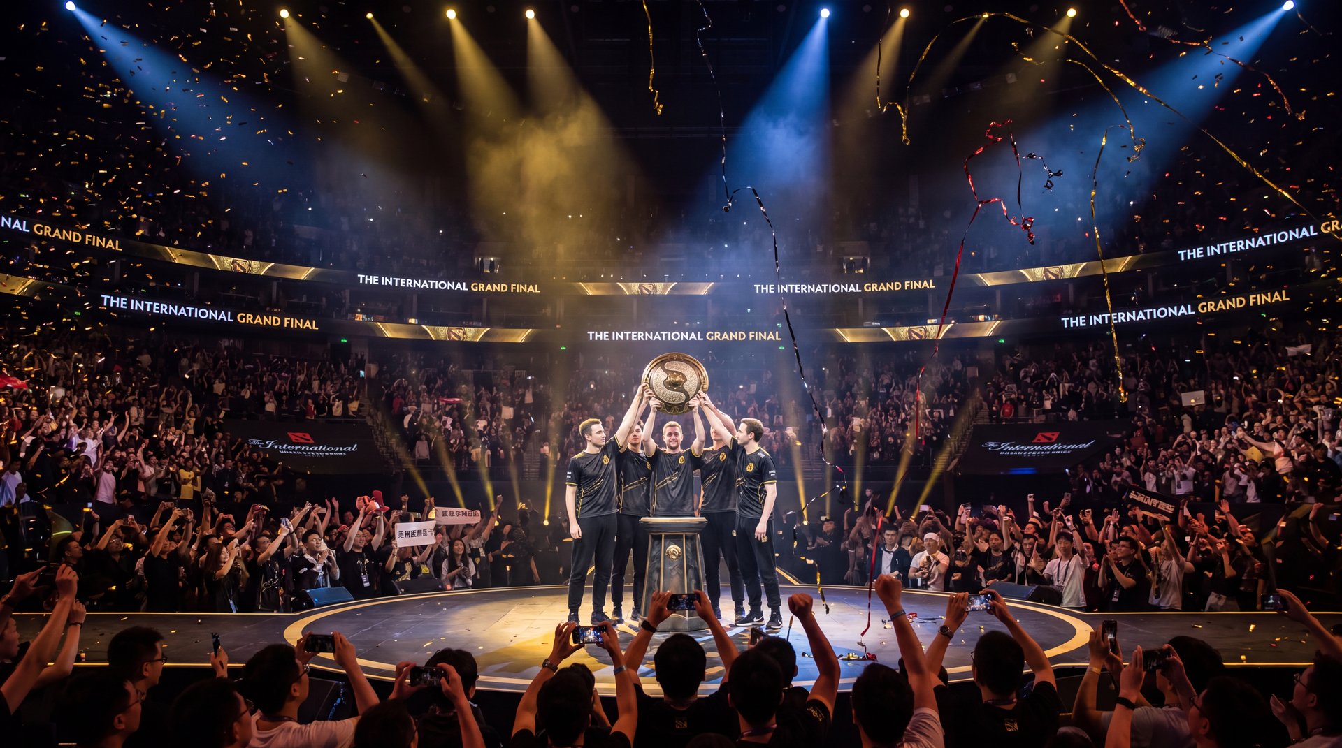 TI 2026 Grand Final champion team Aegis of Champions trophy celebration Shanghai