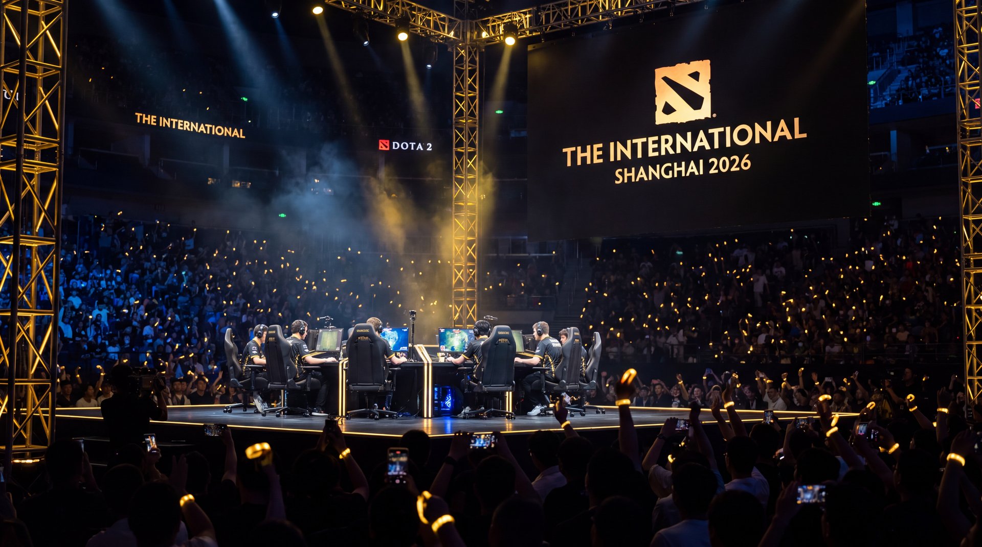Nigma Galaxy players including SumaiL and KuroKy competing at TI 2026 Shanghai stage with cinematic lighting
