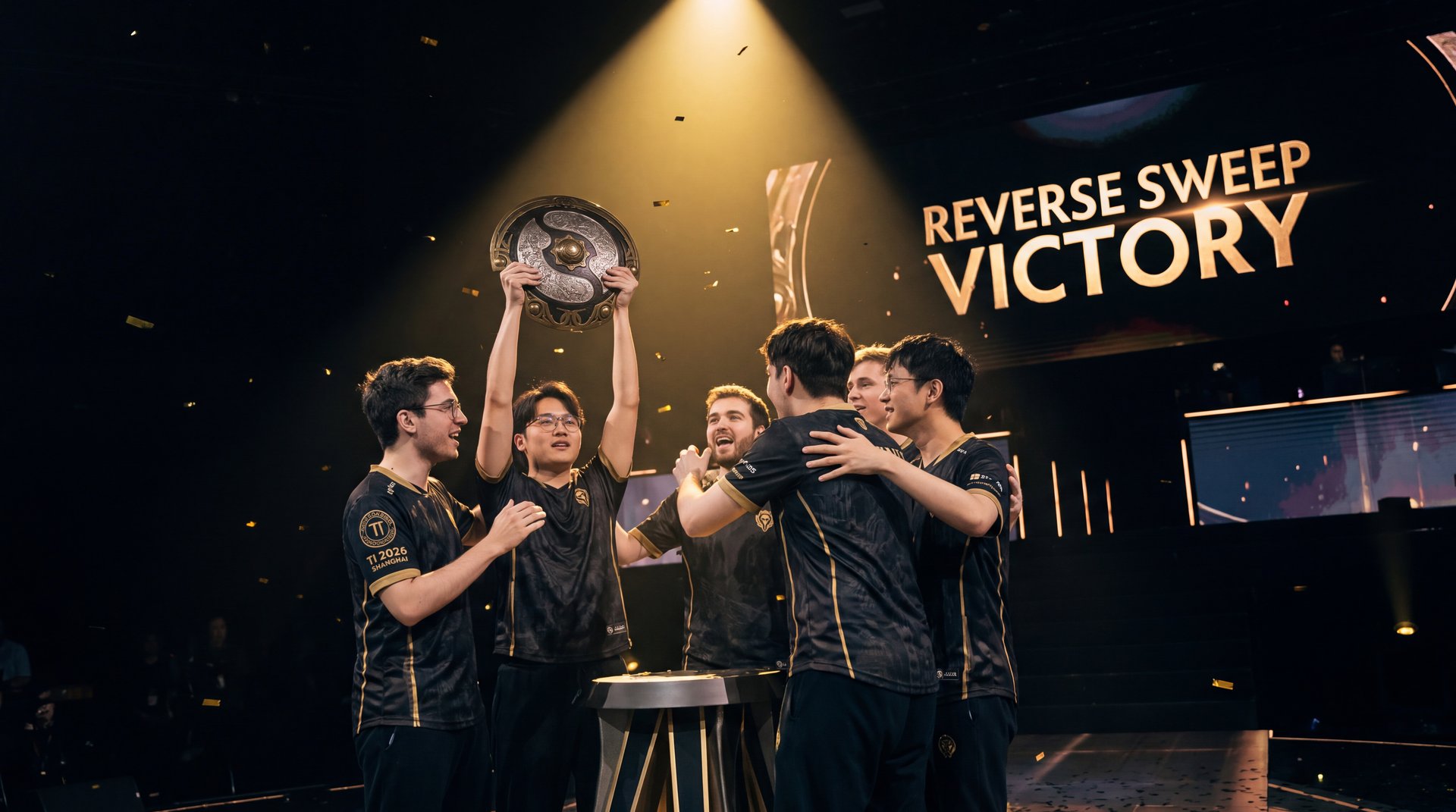 Team Yandex celebrating reverse sweep victory over Nigma Galaxy at TI 2026 Shanghai arena stage