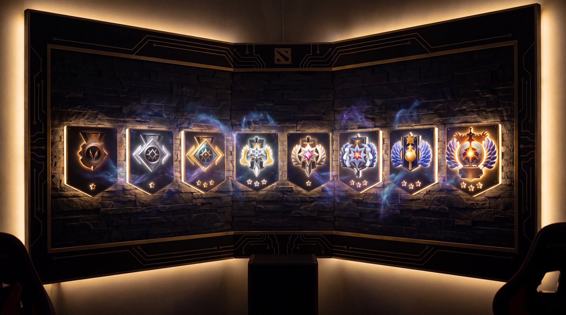 Dota 2 rank medals from Herald to Immortal showing MMR progression after Summer Scrub