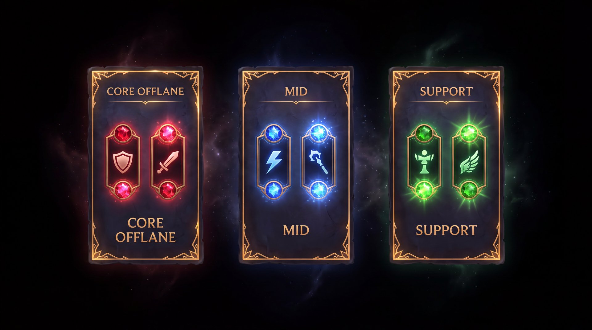 TI 2026 Fantasy League Core Mid Support role banner layout with colored emblem slots