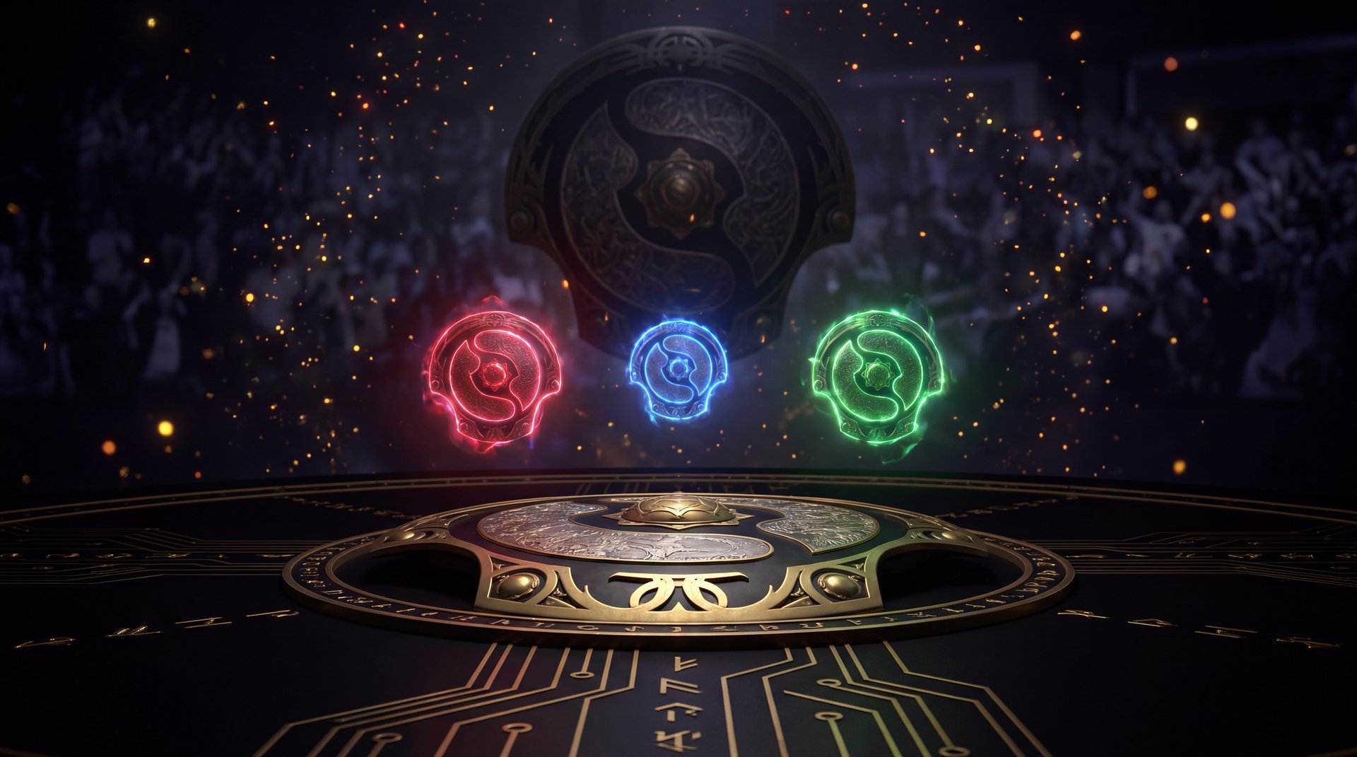 TI 2026 Dota 2 Fantasy League emblem card system glowing red blue green emblems