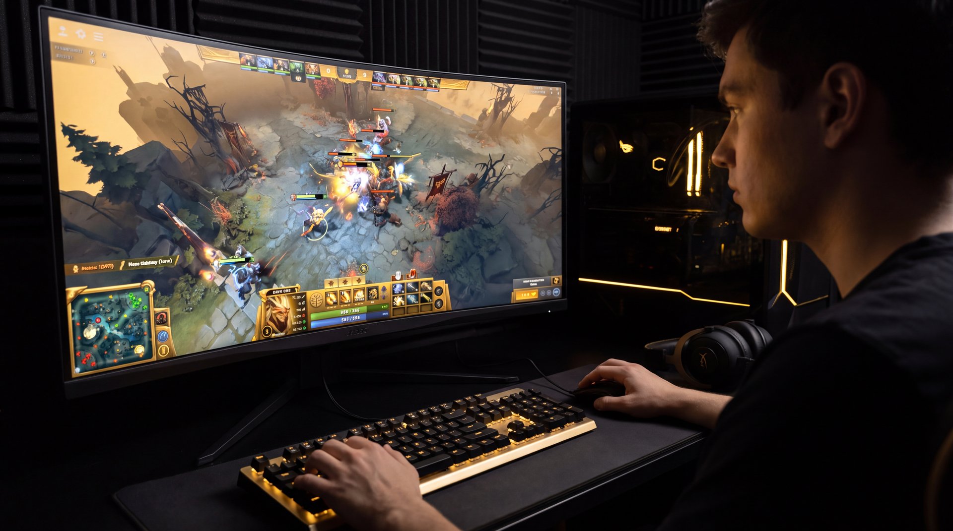 SumaiL Dota 2 carry gameplay intense esports moment large monitor gaming setup golden accent lighting