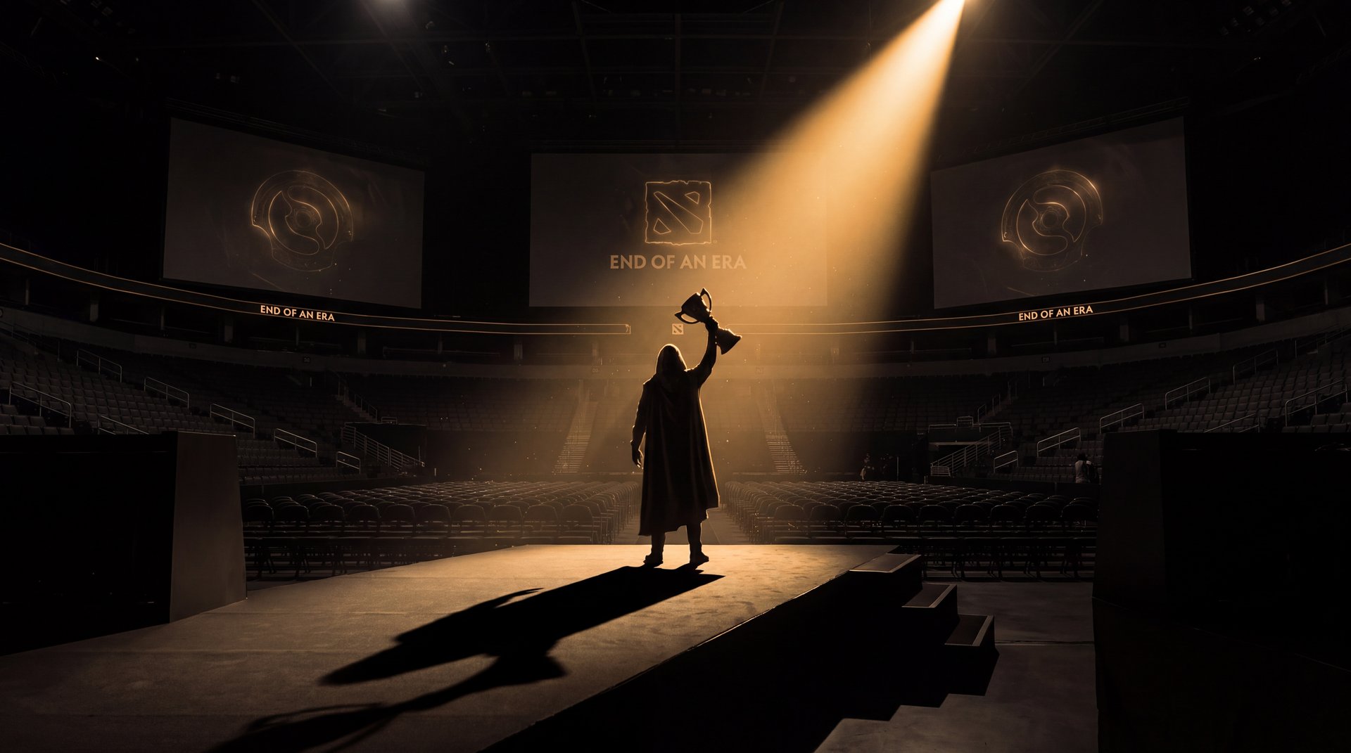 Dota 2 retirement farewell ceremony champion silhouette golden light esports arena emotional cinematic