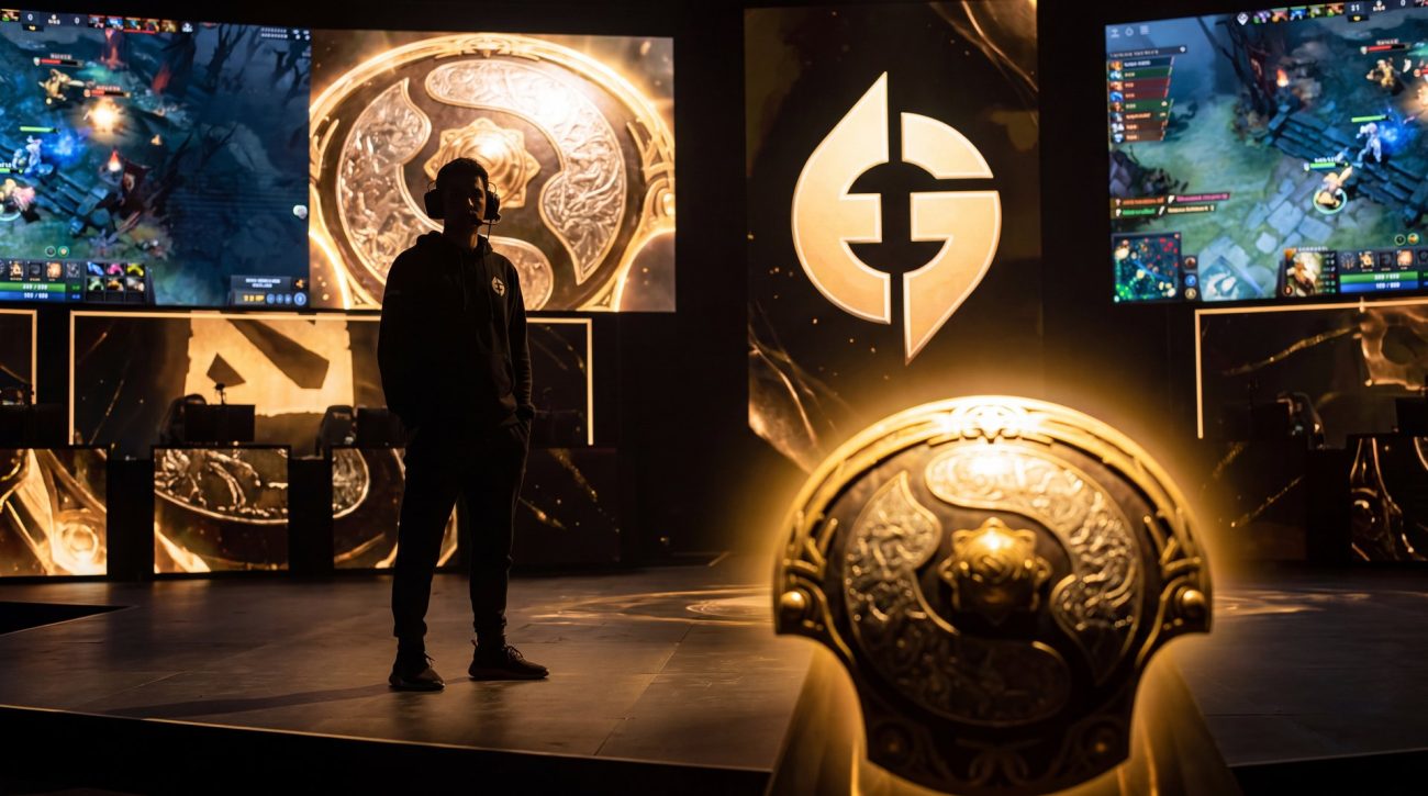SumaiL Dota 2 legendary player retirement announcement TI 2026 Shanghai cinematic portrait golden light