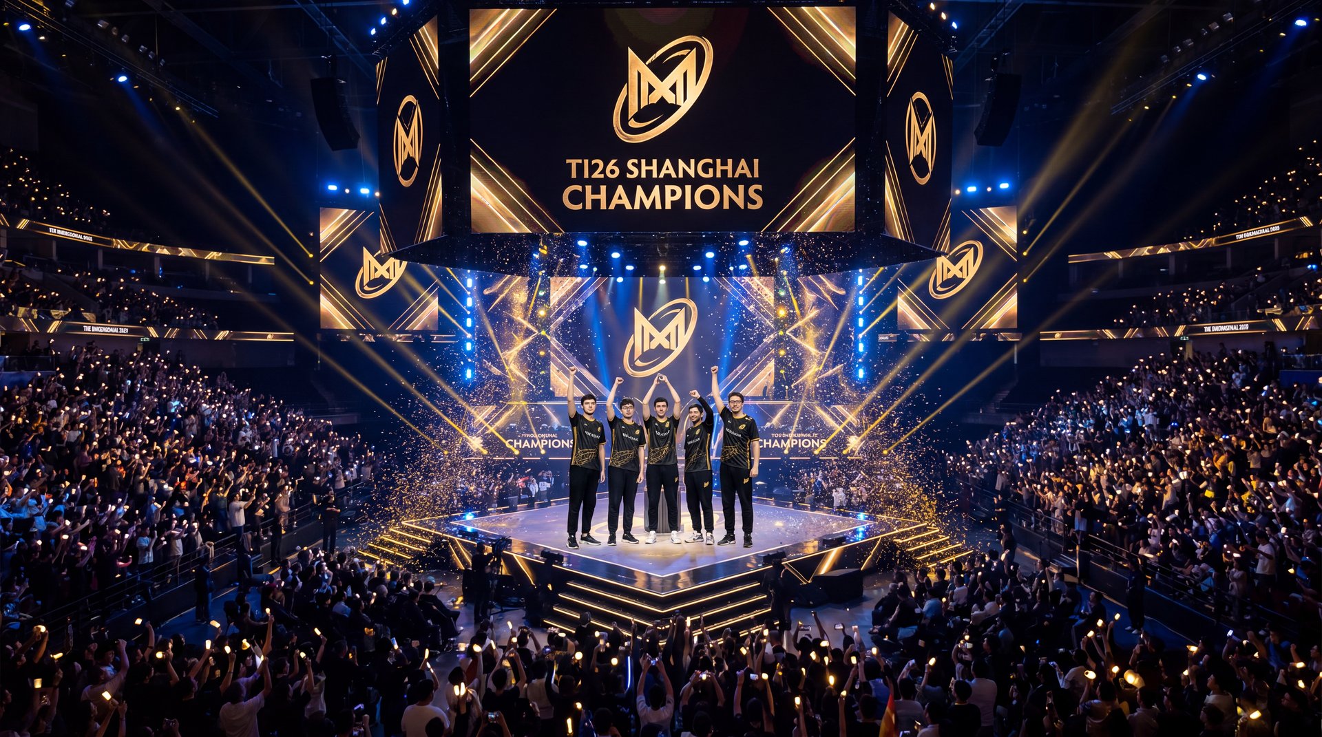 Nigma Galaxy team at TI 2026 Shanghai upper bracket stage with golden lighting esports arena cinematic