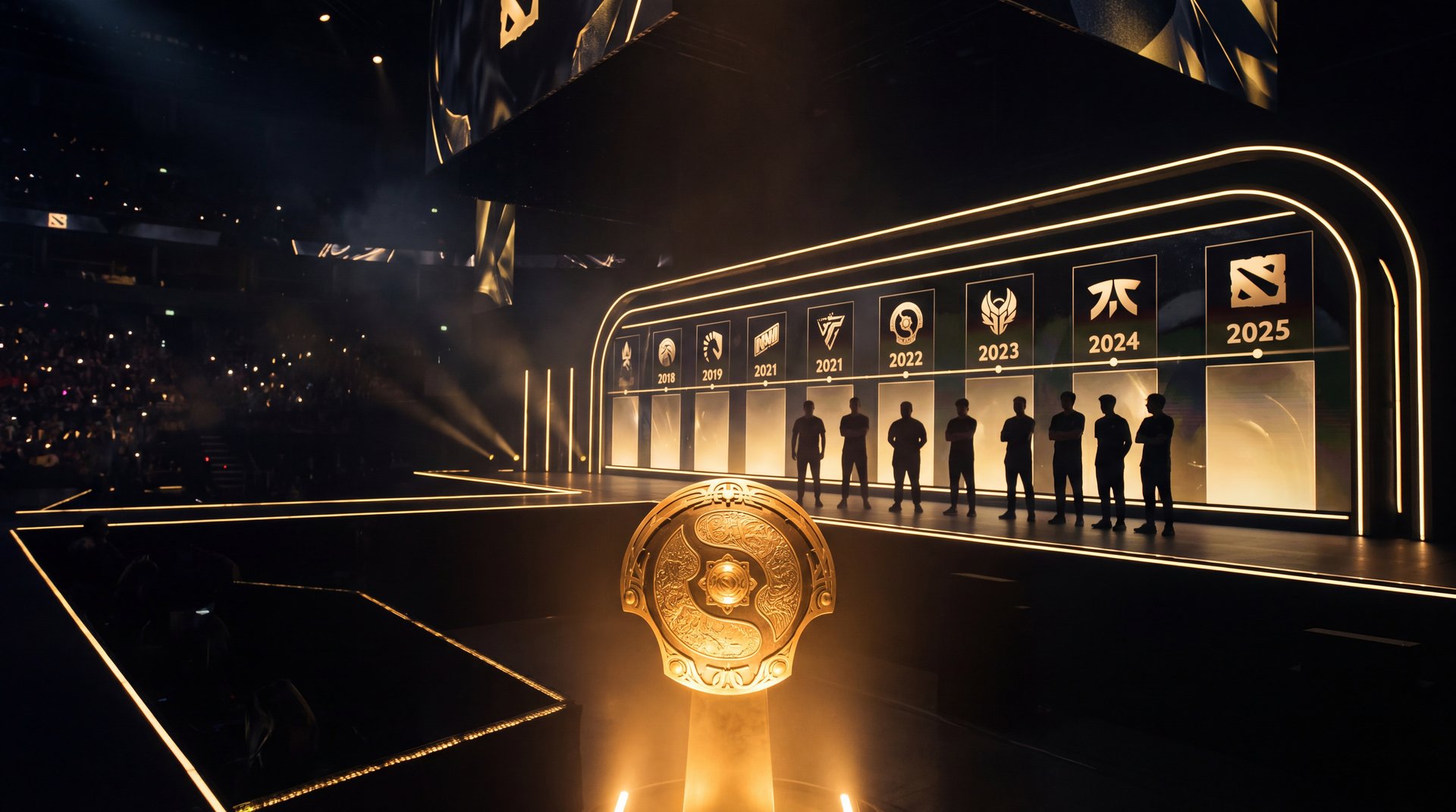 TI history championship collage Aegis of Champions timeline 2018-2025 dark cinematic