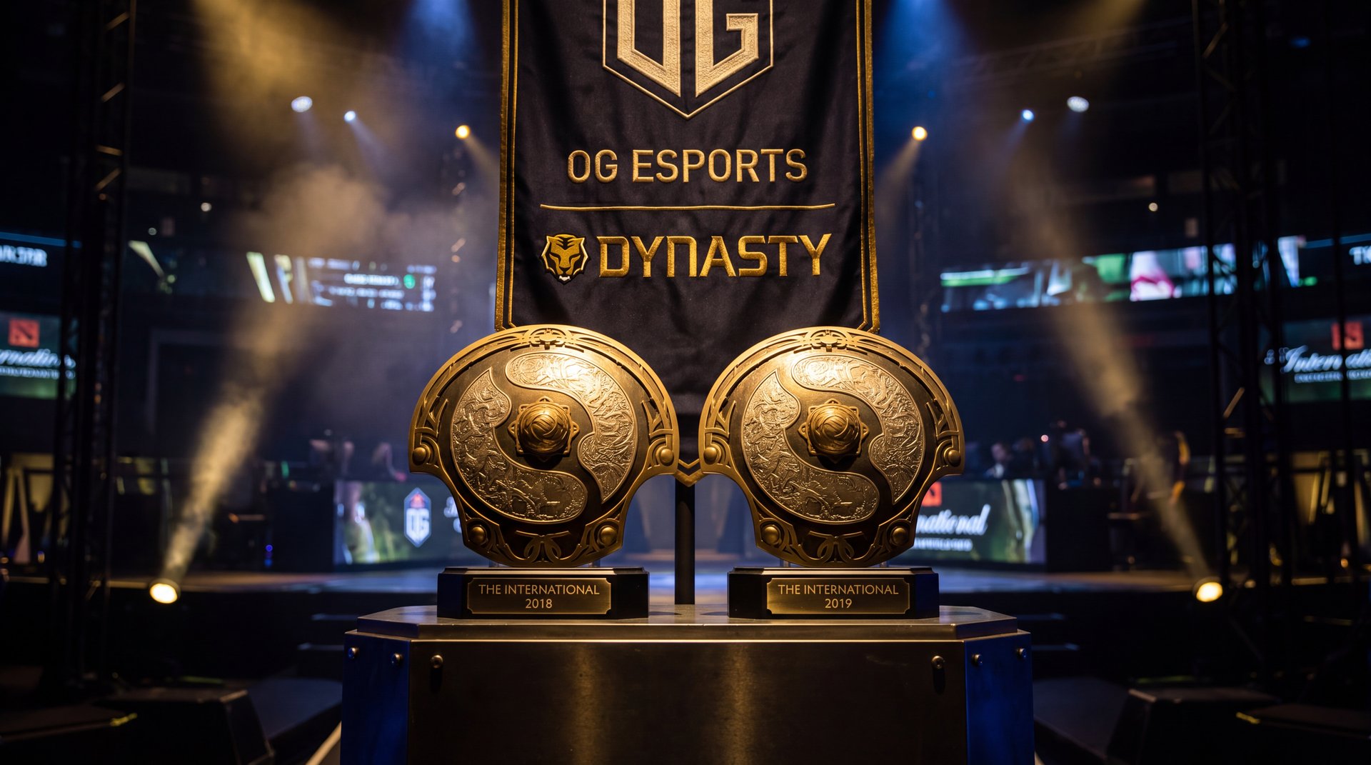 OG Dota 2 back-to-back TI8 TI9 champion two Aegis of Champions trophies gold black cinematic