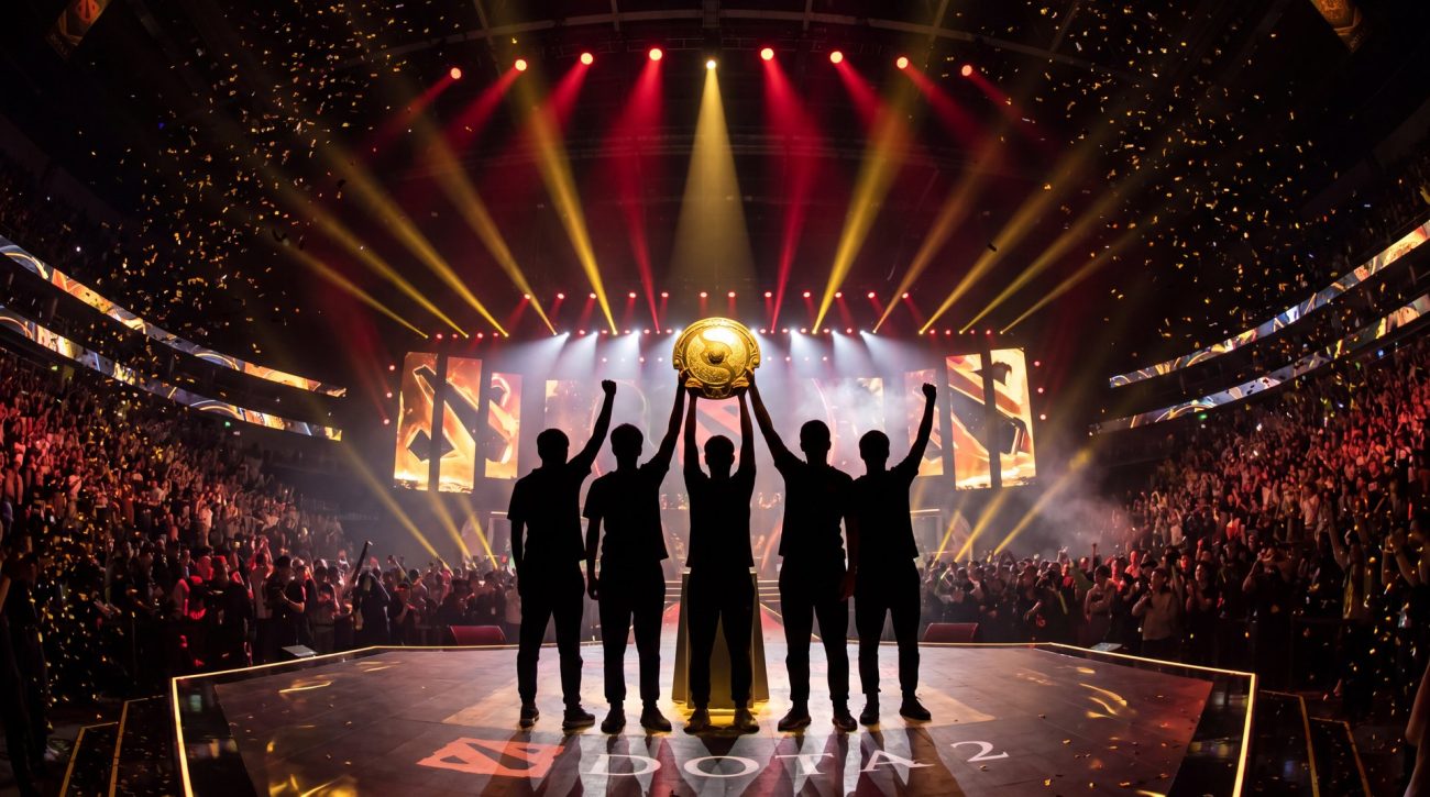 Team Spirit TI 2026 champions celebrating with Aegis of Champions trophy at Shanghai Oriental Sports Center grand final