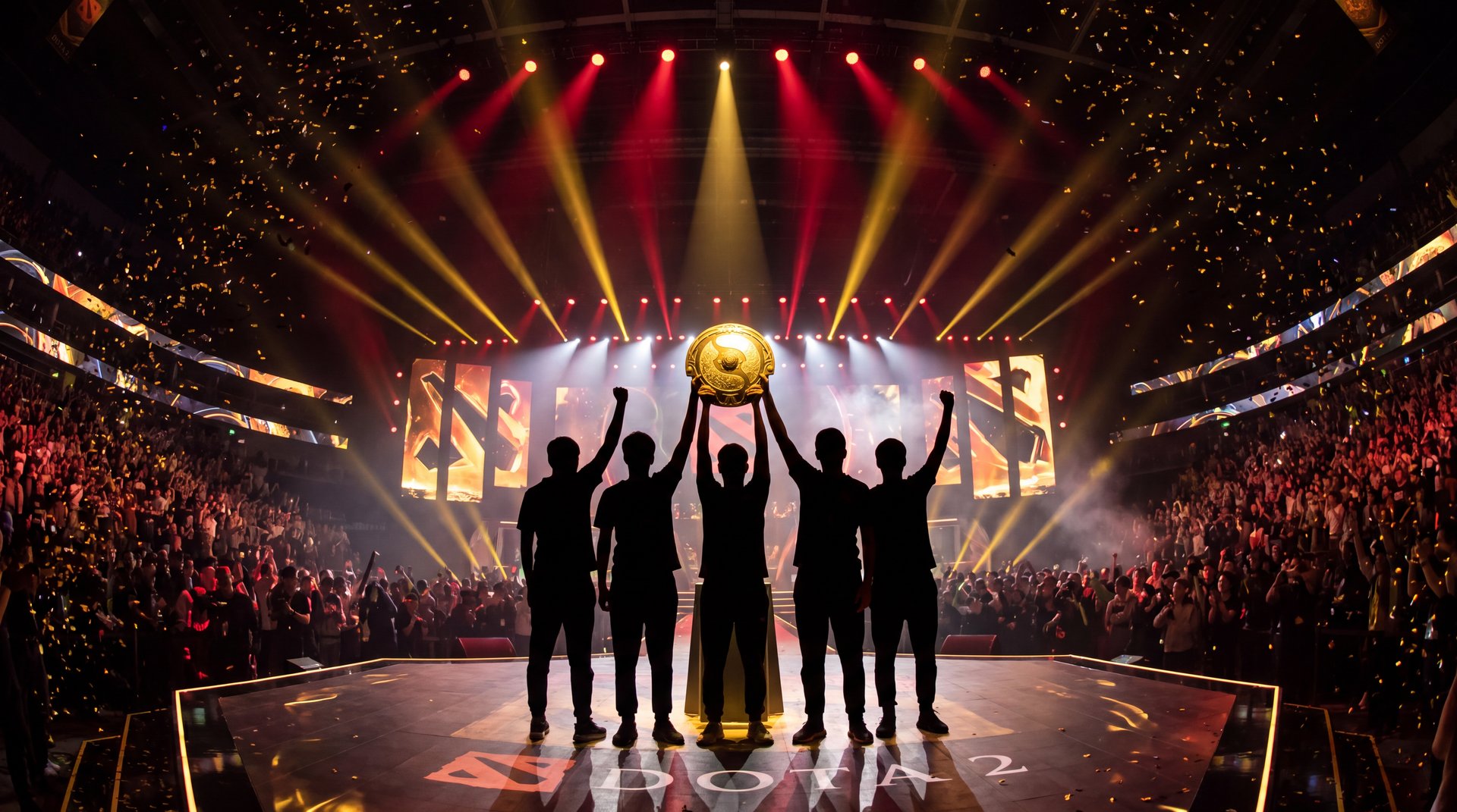 Team Spirit TI 2026 champions celebrating with Aegis of Champions trophy at Shanghai Oriental Sports Center grand final