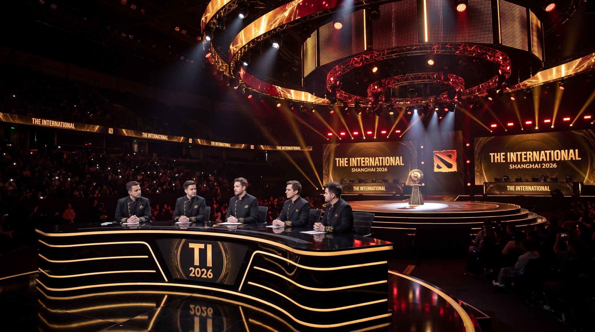 Dota 2 TI 2026 broadcast talent panel at Shanghai arena cinematic esports production