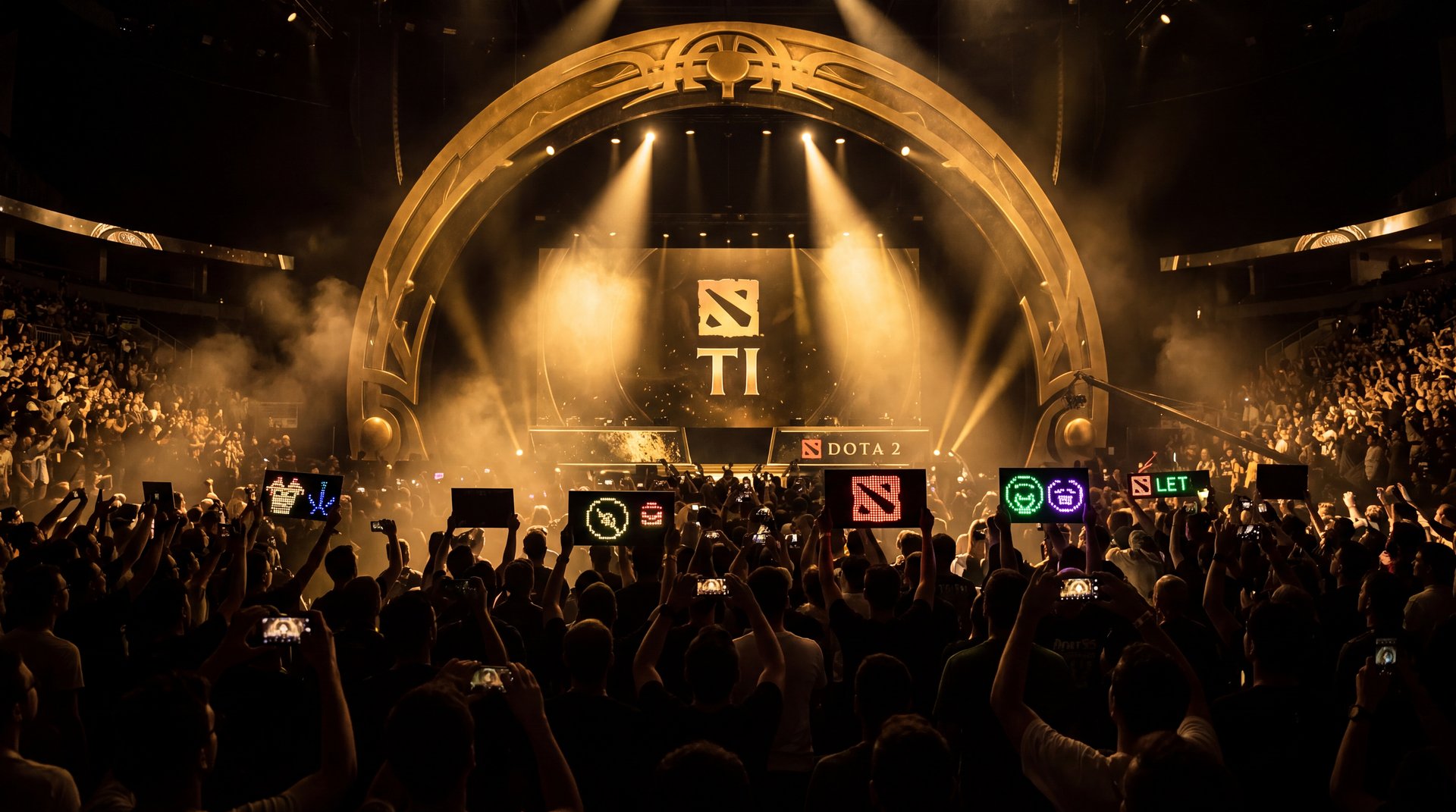 Dota 2 esports community gathering cheering at TI championship arena golden spotlights