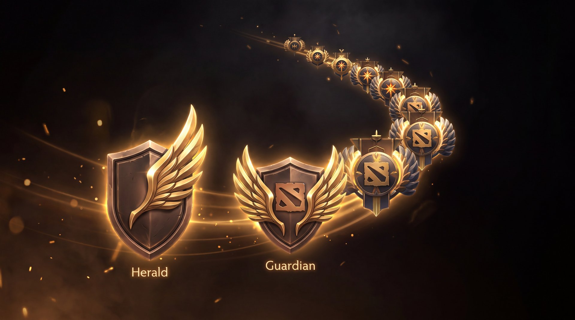 Dota 2 Herald and Guardian rank medals dark background gold accents