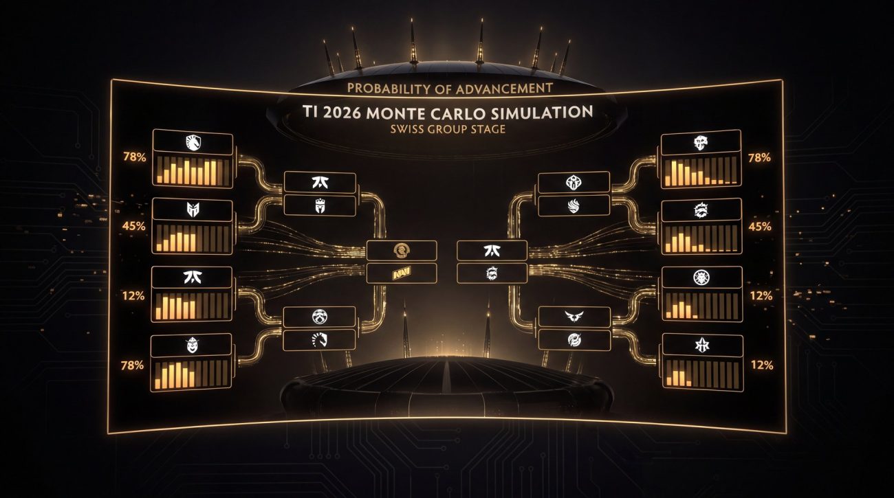 TI 2026 Monte Carlo simulation featured visualization with 16 teams probability nodes dark cinematic