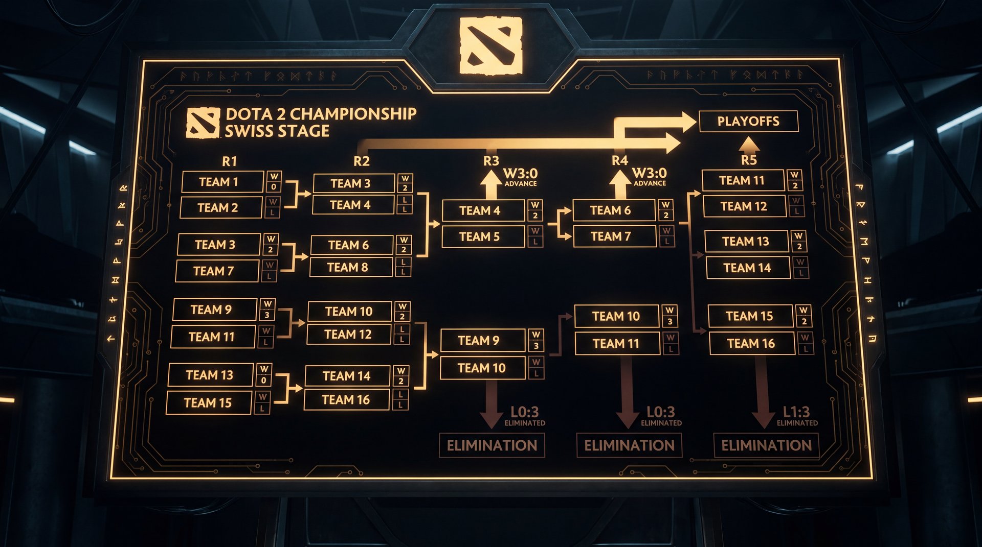 Swiss stage bracket diagram showing 16 teams progression paths at TI 2026