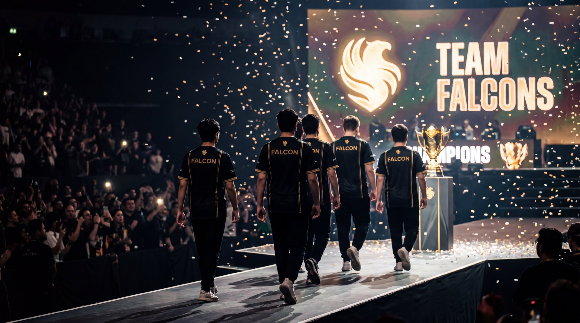 Team Falcons Dota 2 farewell scene after TI 2025 championship and team disbanding 2026