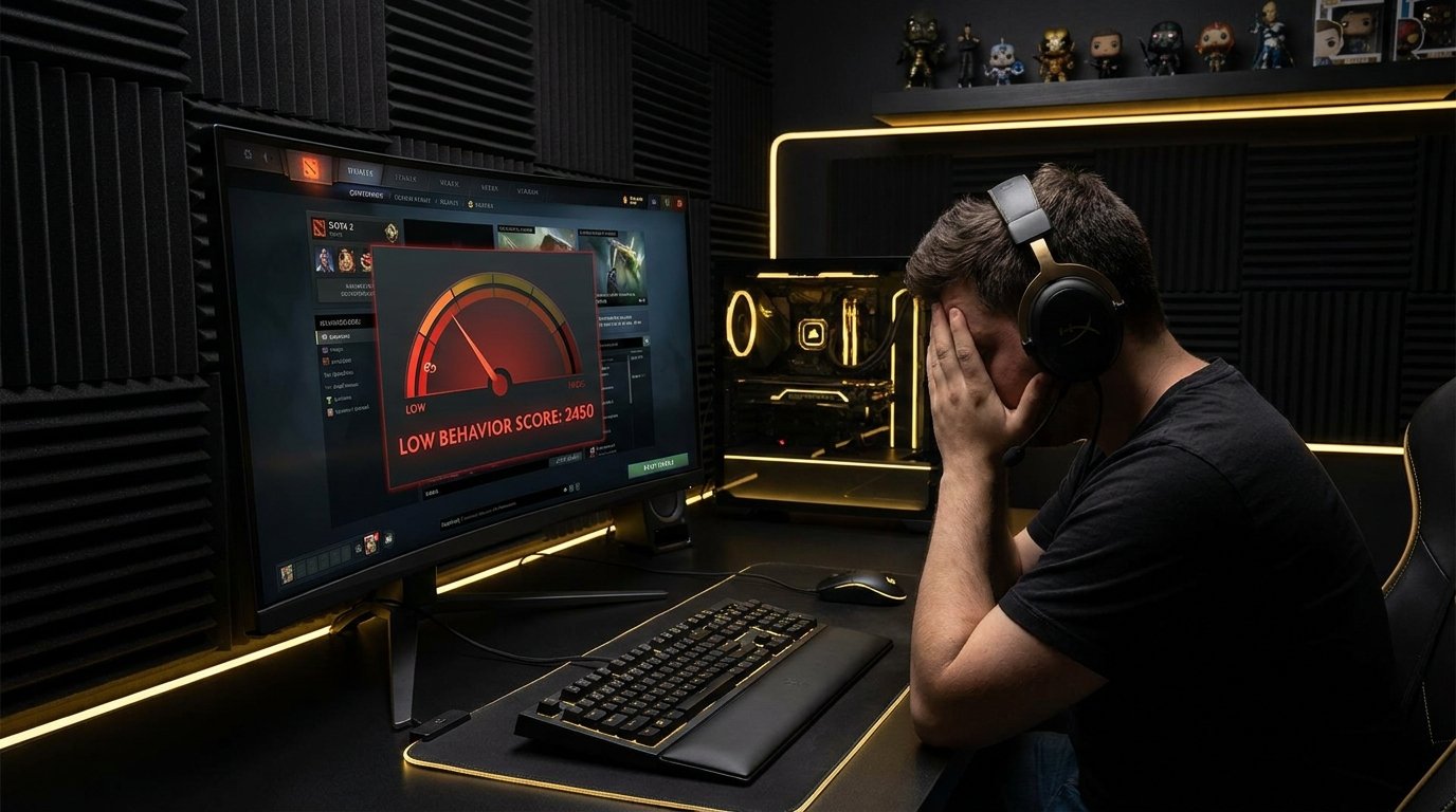Frustrated Dota 2 player with low behavior score on screen
