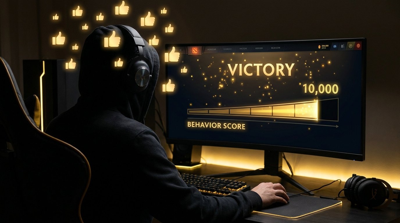 Dota 2 commend system with behavior score bar rising upward