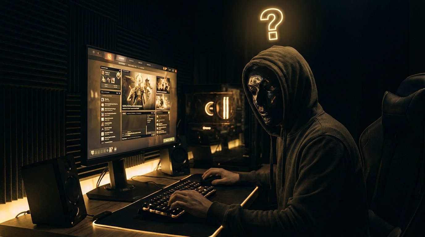 Anonymous Dota 2 player in dark room gaming secretly with gold accents