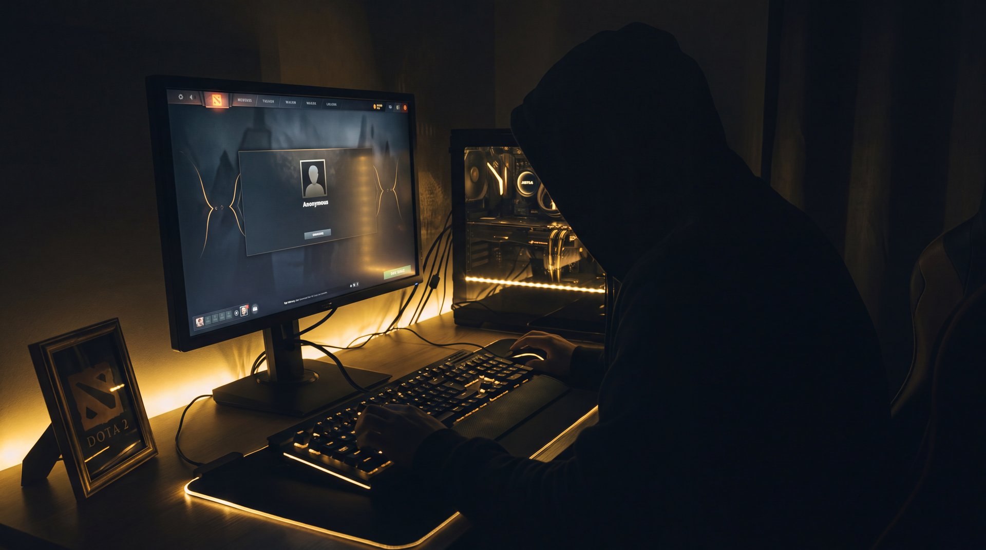 Dota 2 anonymous celebrity player gaming in secret dark cinematic
