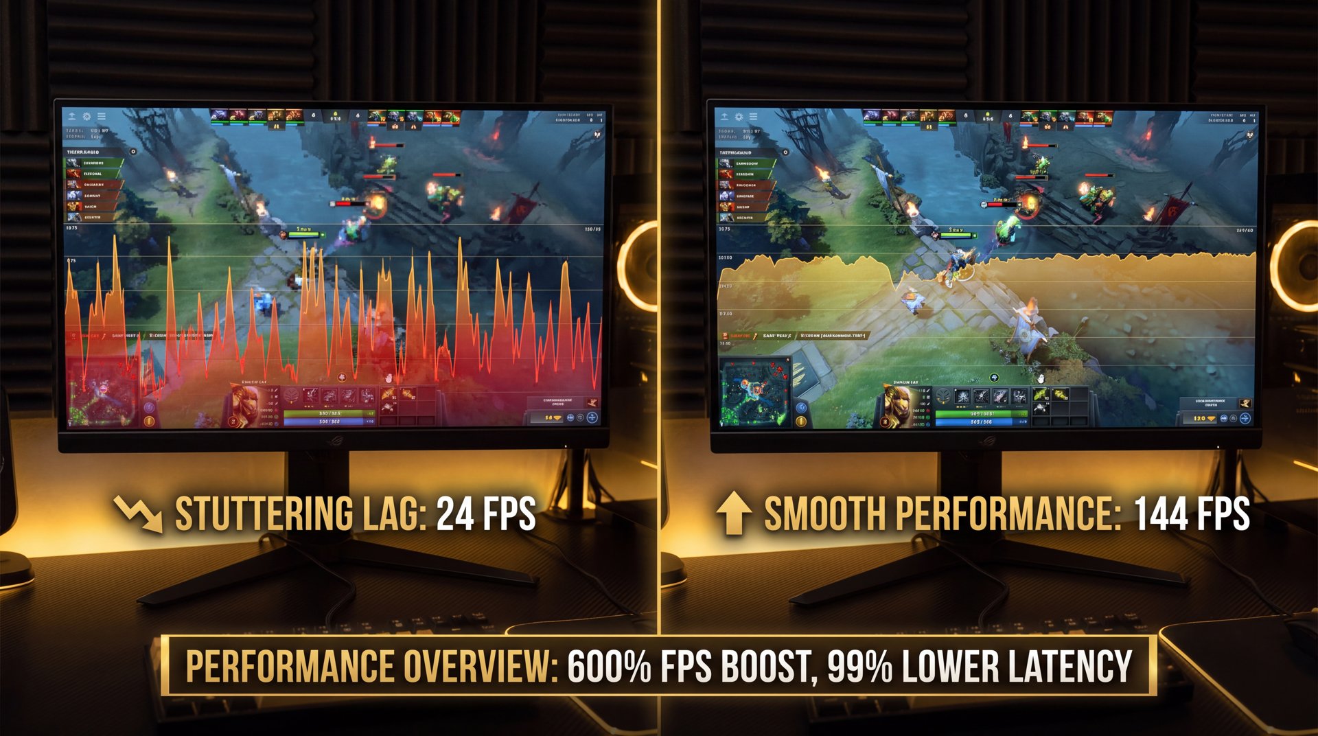 Before and after FPS comparison in Dota 2 showing improvement after hosts file block