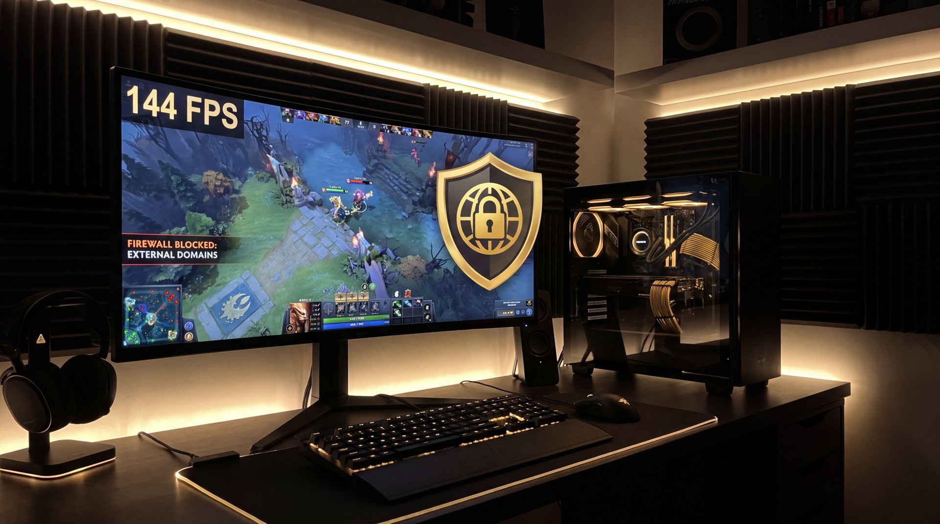 Dota 2 FPS boost gaming PC with FPS counter and network firewall blocking dota2.com