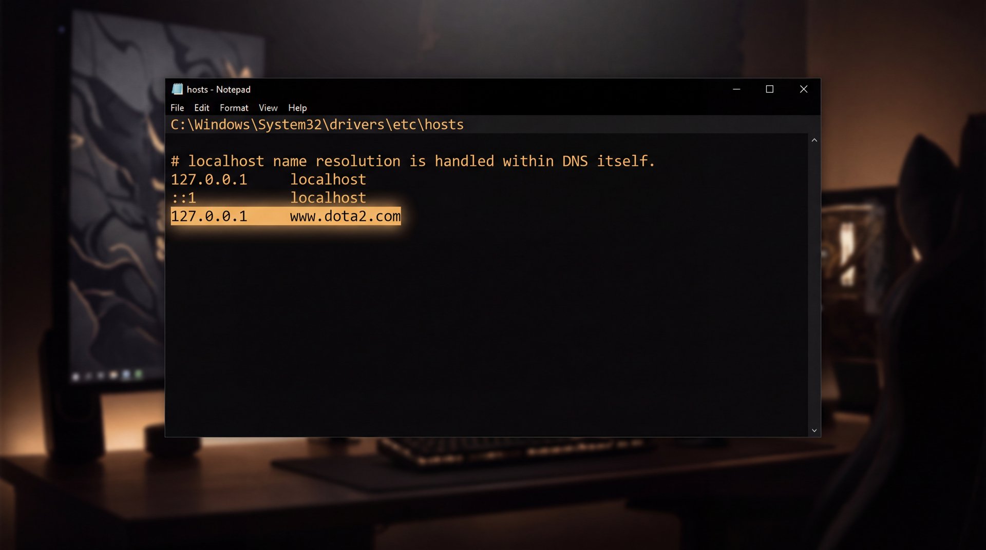 Windows hosts file editing with 127.0.0.1 www.dota2.com entry in Notepad