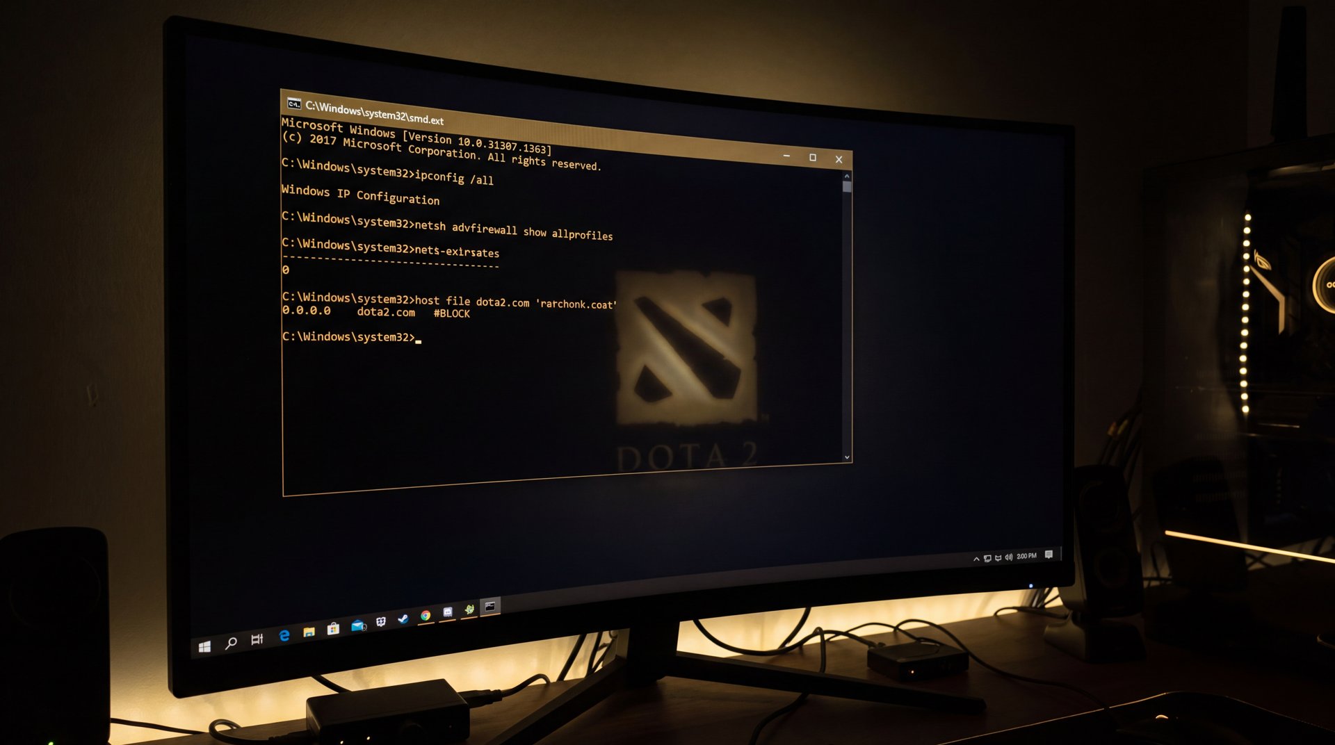 Windows CMD administrator running network blocking and firewall configuration for Dota 2