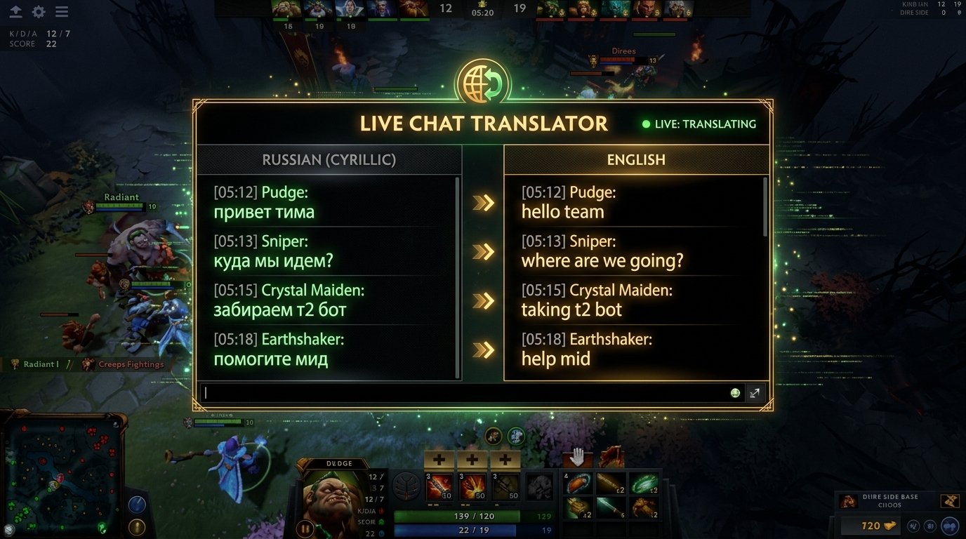 Dota 2 in-game chat translator tool showing Russian to English real-time translation overlay