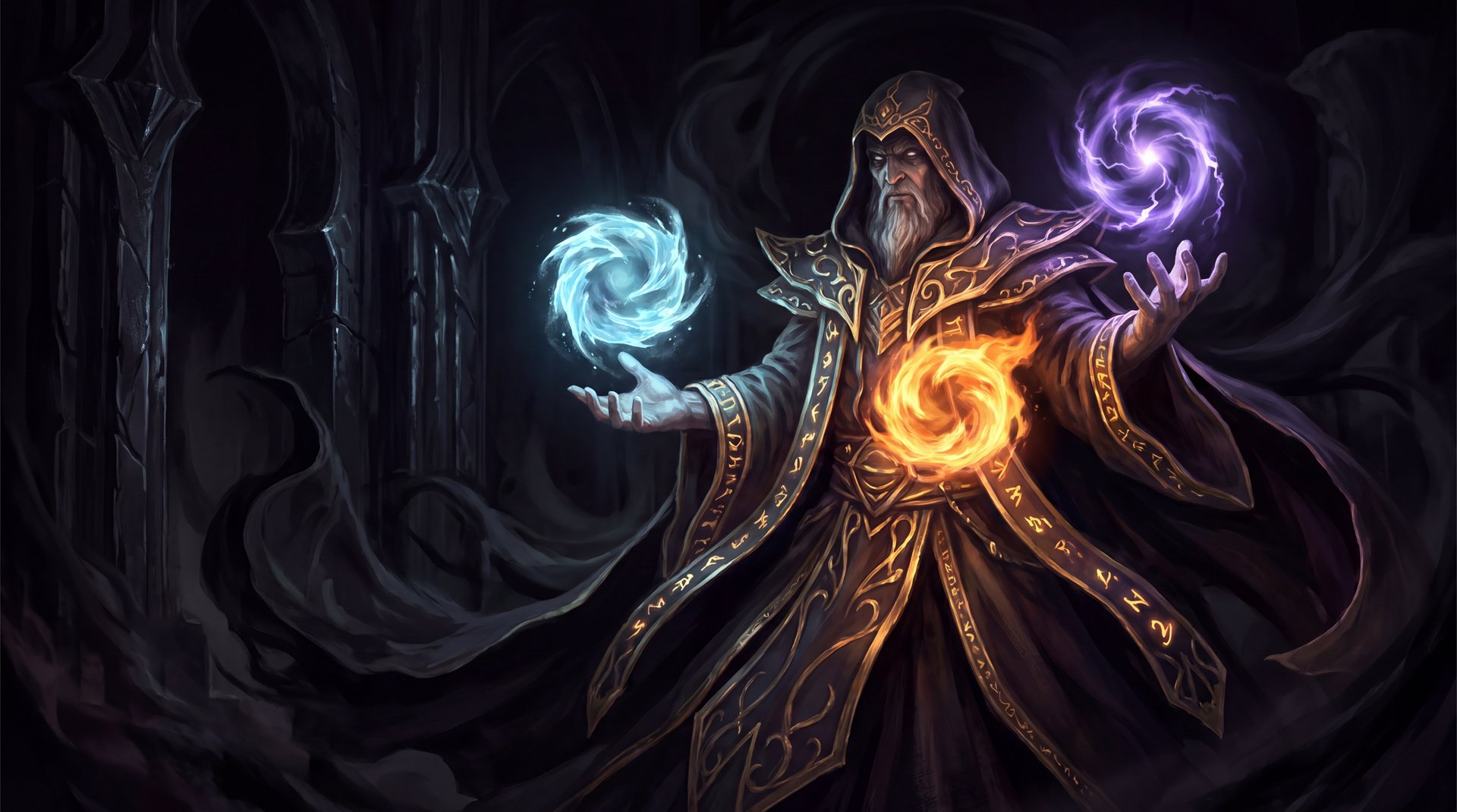 Invoker Dota 2 hero magical orbs ice fire storm powerful mage dark fantasy art