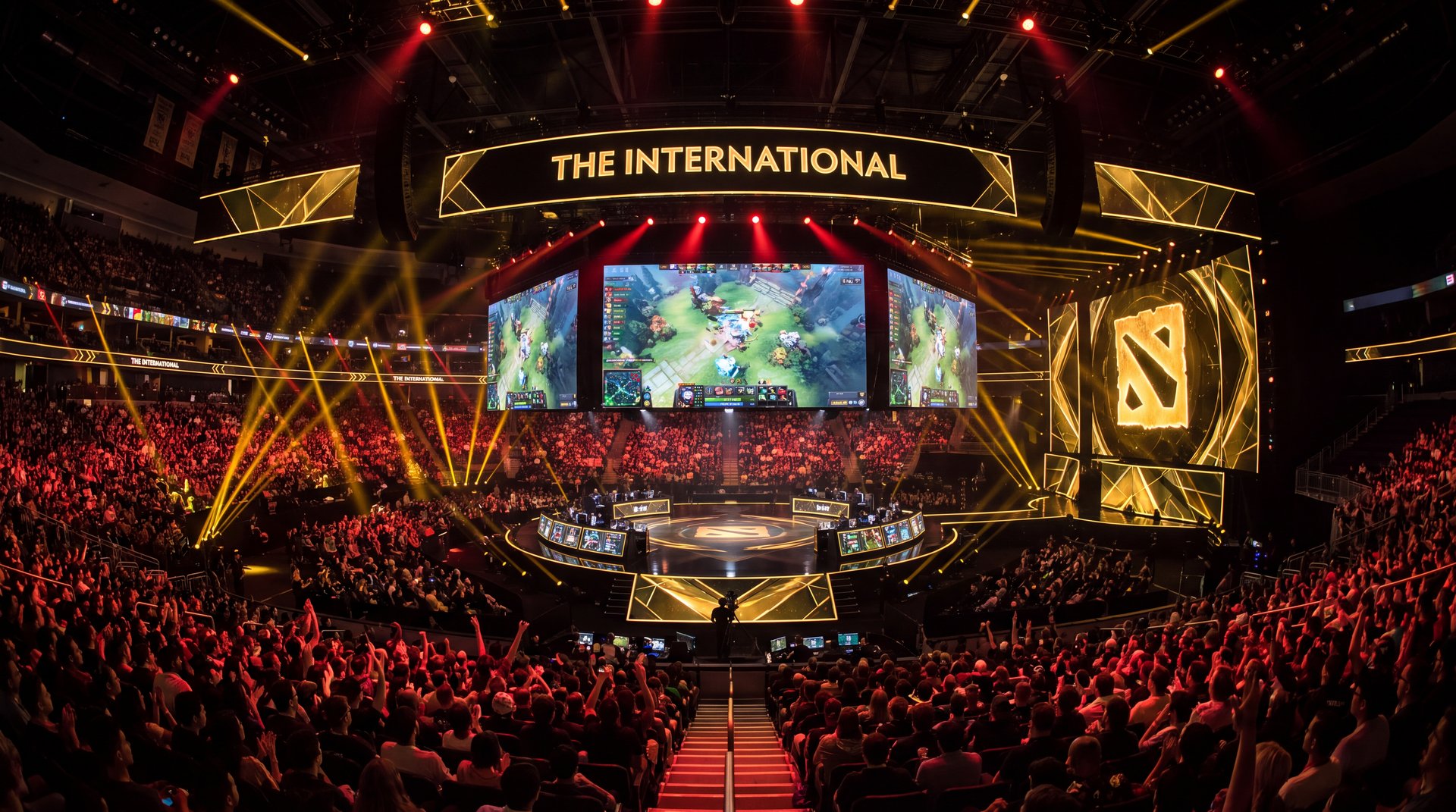 Dota 2 esports arena professional tournament Invoker gameplay giant screen crowd
