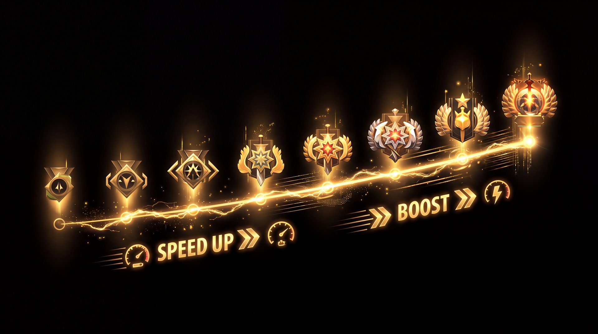 Dota 2 rank medals progression from Herald to Immortal with speed indicators gold on black background
