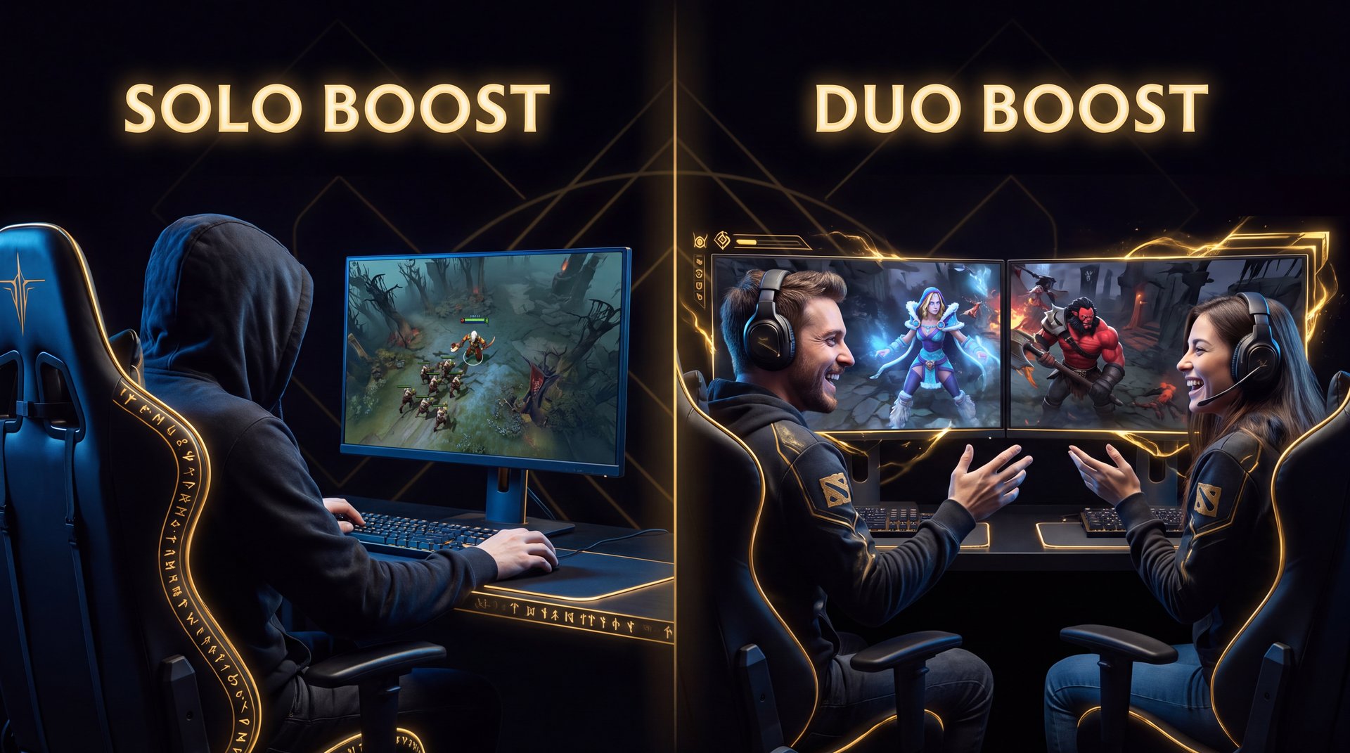 Dota 2 solo boost versus duo boost comparison chart with gold accents cinematic gaming aesthetic