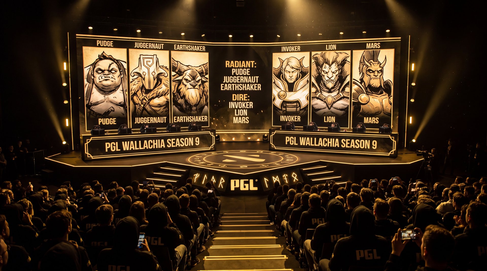 PGL Wallachia Season 9 draft phase showing Dmurio hero portrait artwork on big screen