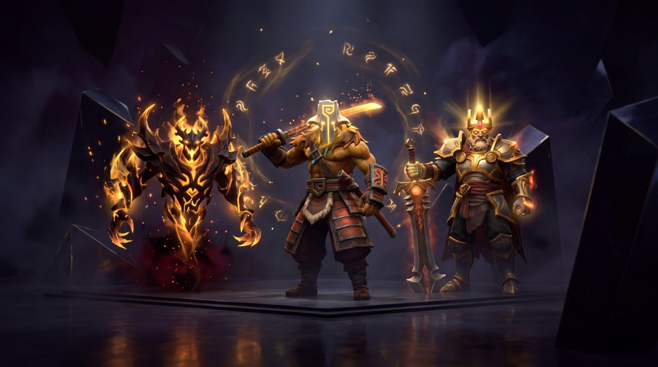 Dota 2 hero cosmetics showcase - Arcana and Legendary sets glowing with particle effects