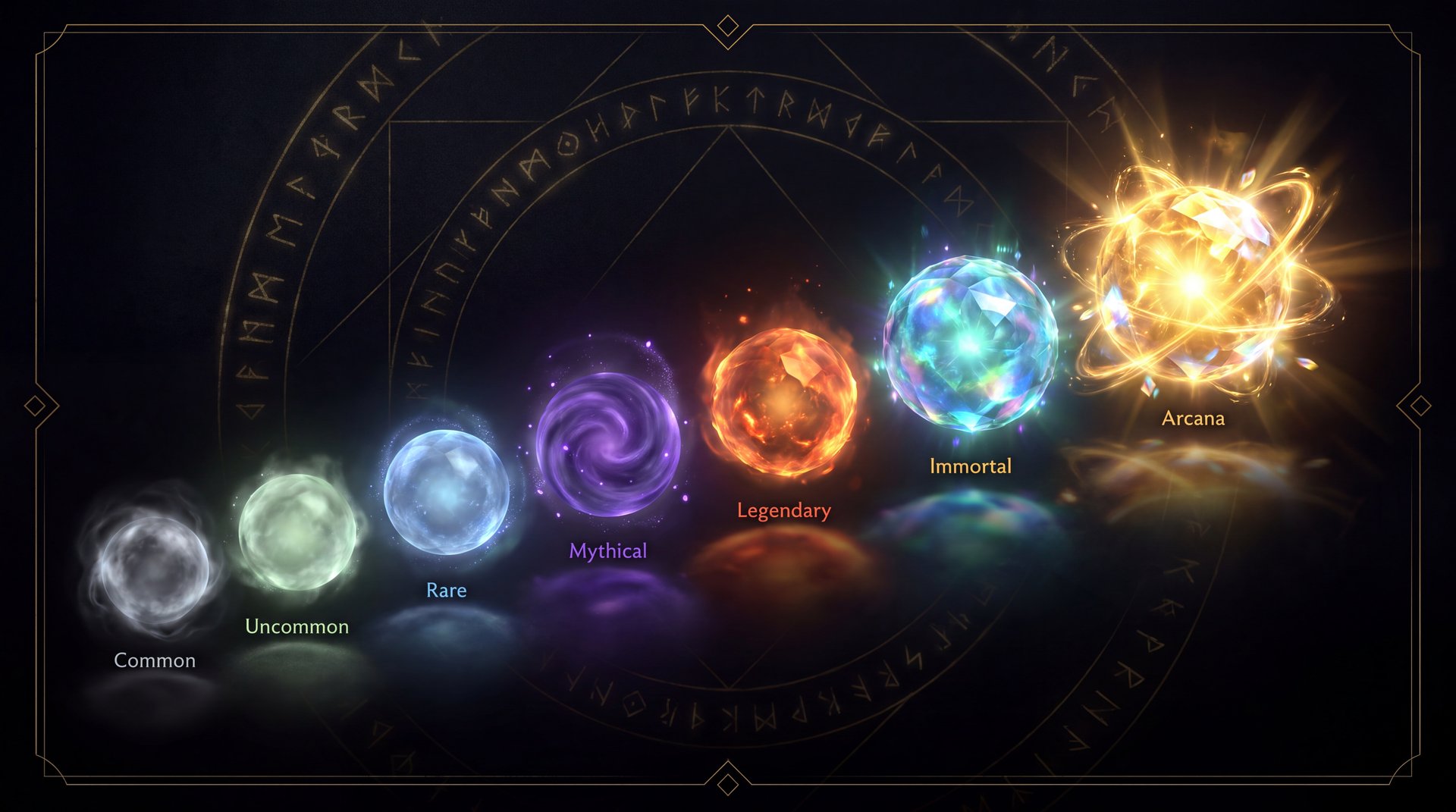 Dota 2 cosmetic item rarity tiers - from Common to Arcana glowing orbs