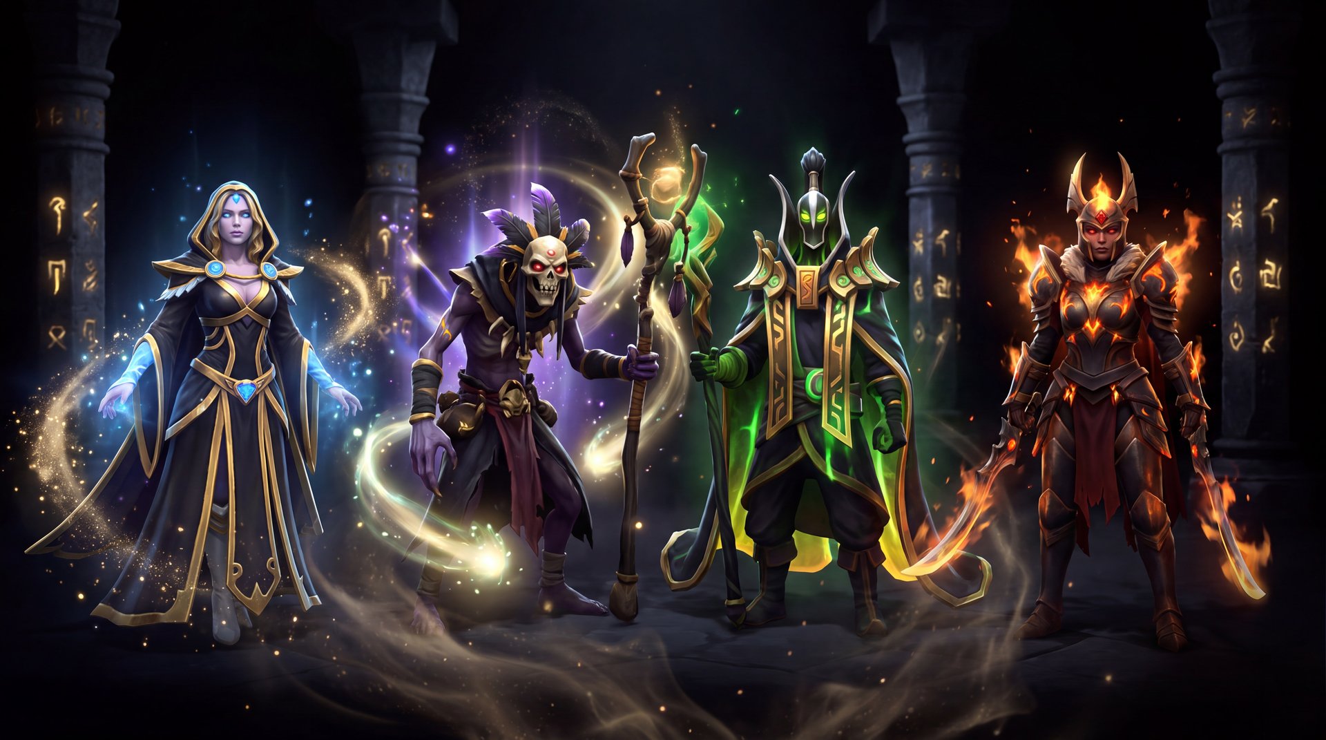 Dota 2 Support heroes Crystal Maiden Witch Doctor Legion Commander in cosmetic sets