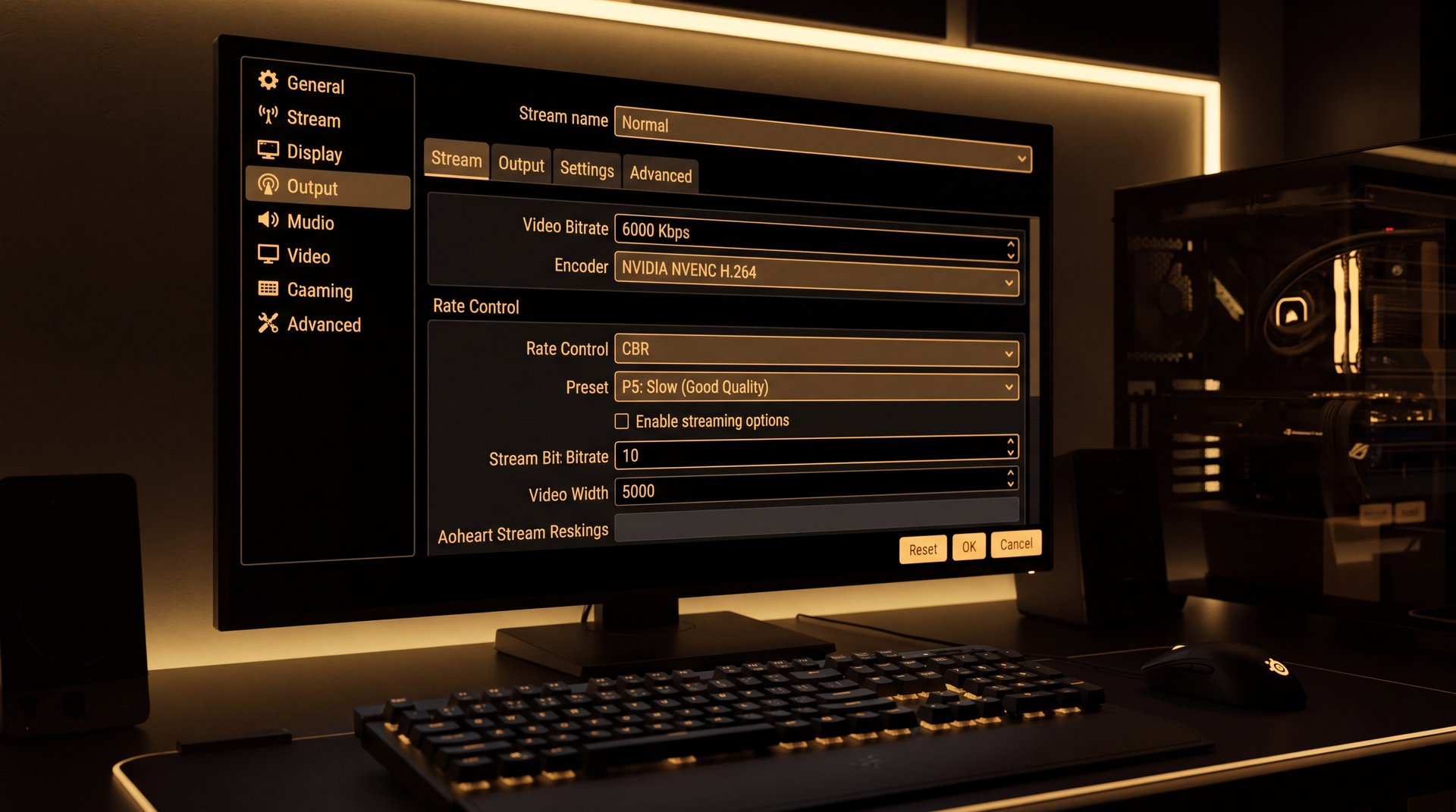 OBS streaming bitrate settings for Dota 2 streaming in Iran - gold and black gaming aesthetic