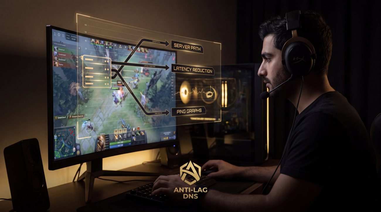 Dota 2 gaming DNS anti-lag routing service concept for Iranian players ping optimization