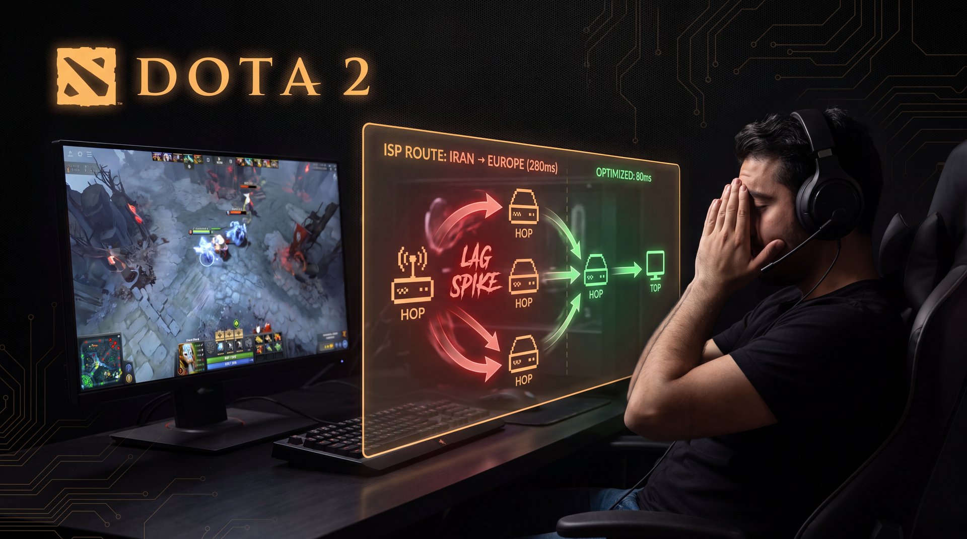 Iranian Dota 2 player high ping latency routing visualization network hops gold on black background