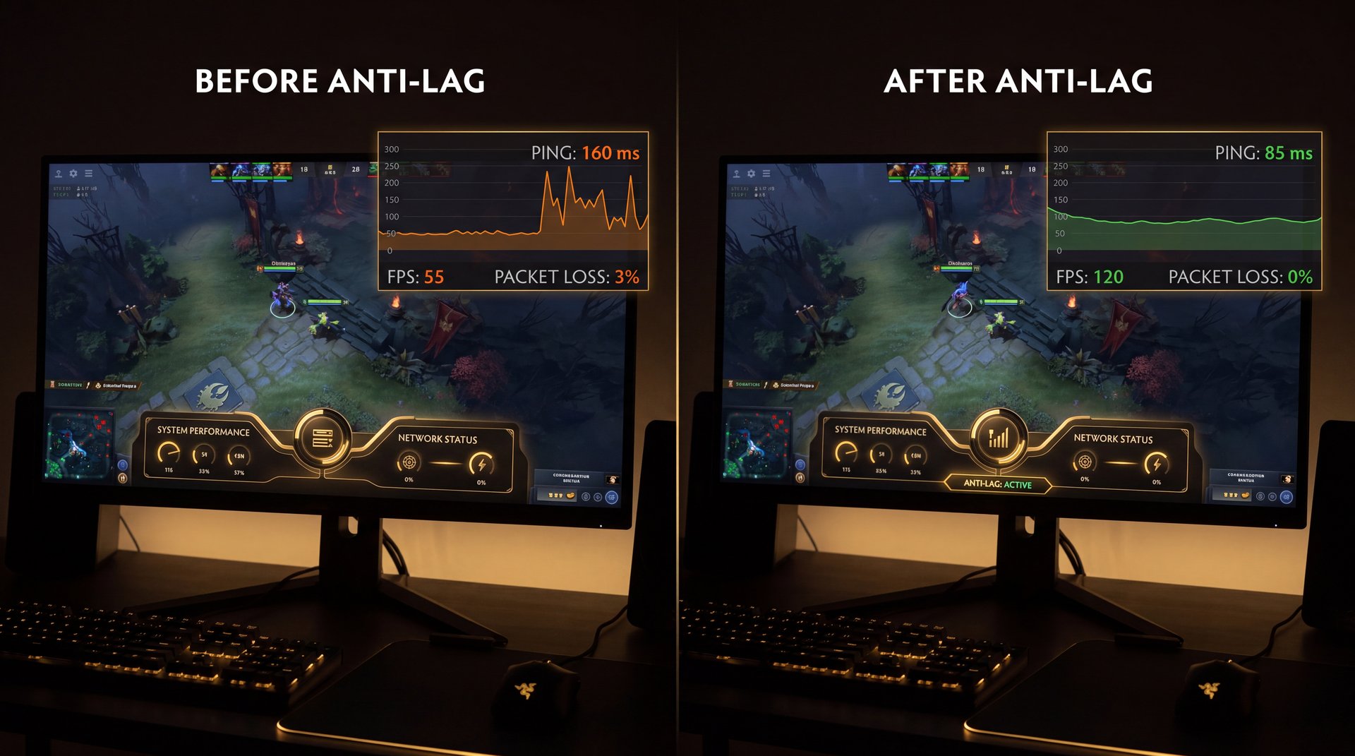 Dota 2 in-game net graph ping measurement before after anti-lag service comparison dark gaming aesthetic gold